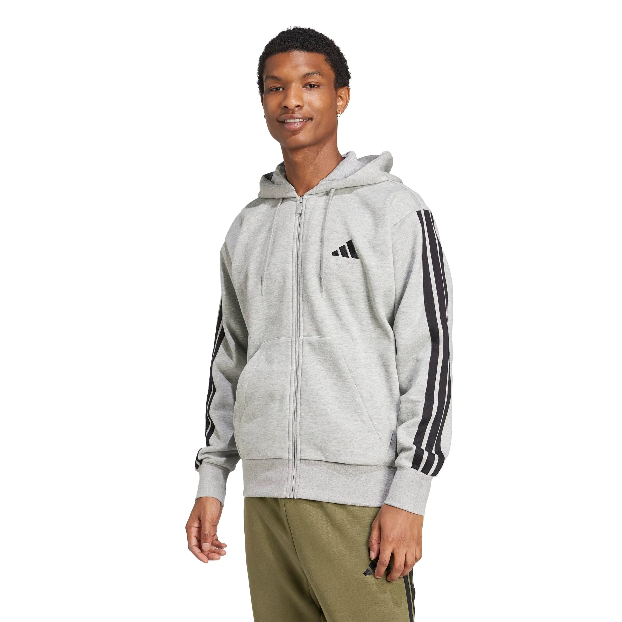 Adidas Felpa con cappuccio da uomo Essentials con 3 strisce e cerniera intera, grigio mélange medio/nero, XL - immagine 1