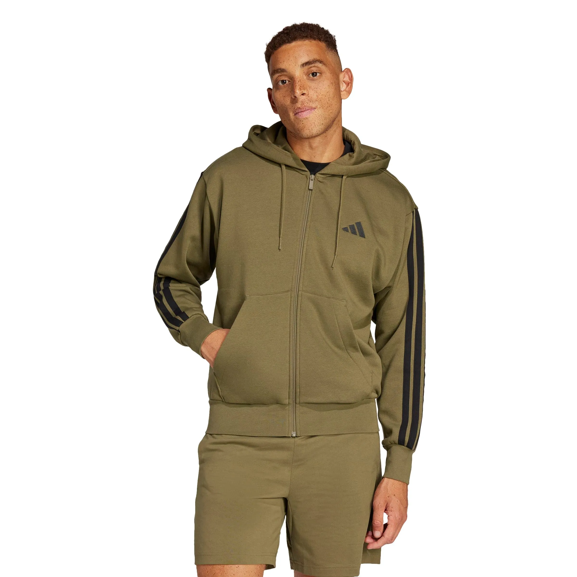 Adidas Essentials 3-Stripes Fleece Hoodie Felpa, Olive Strata/Nero, M Uomo - immagine 1