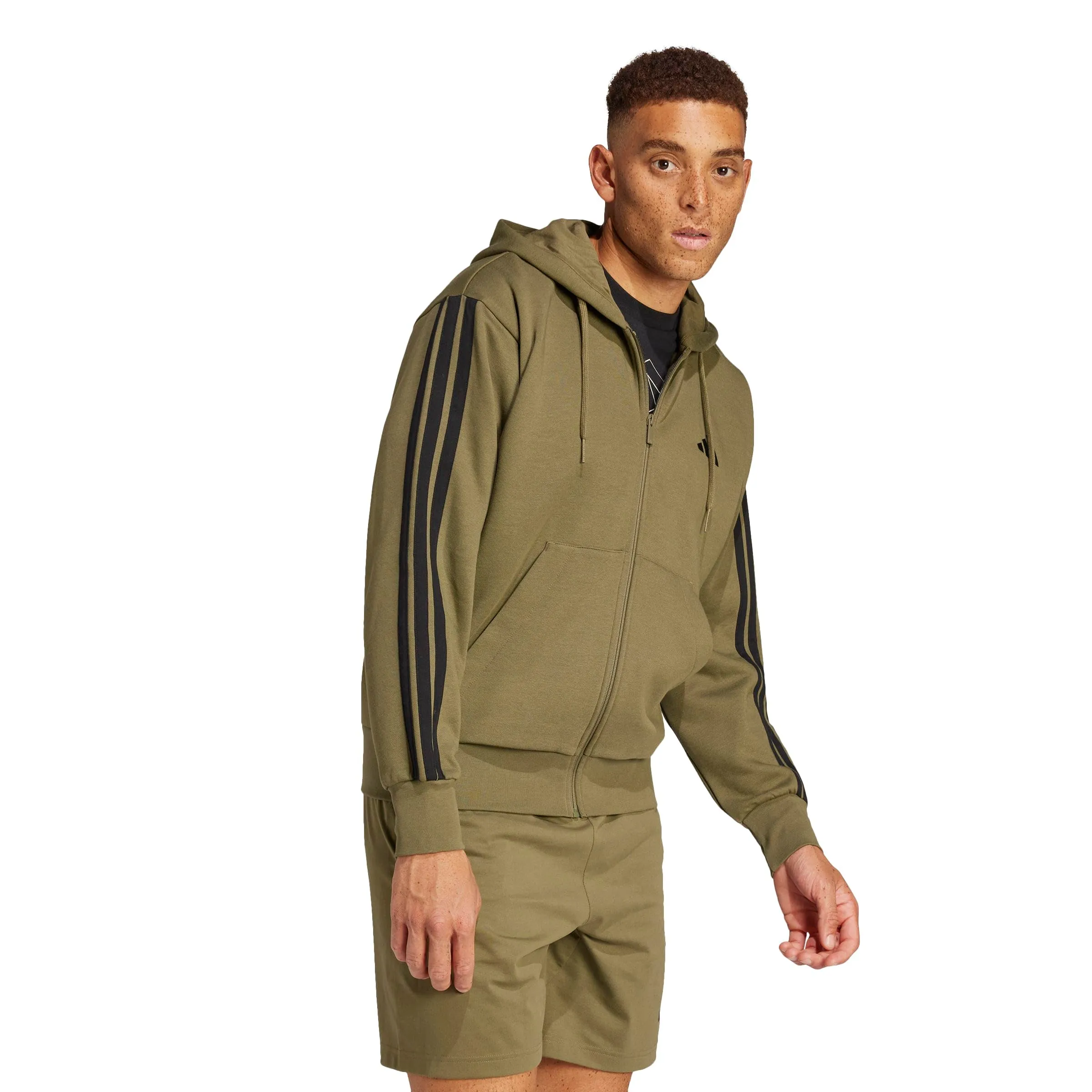 Adidas Essentials 3-Stripes Fleece Hoodie Felpa, Olive Strata/Nero, M Uomo - immagine 2