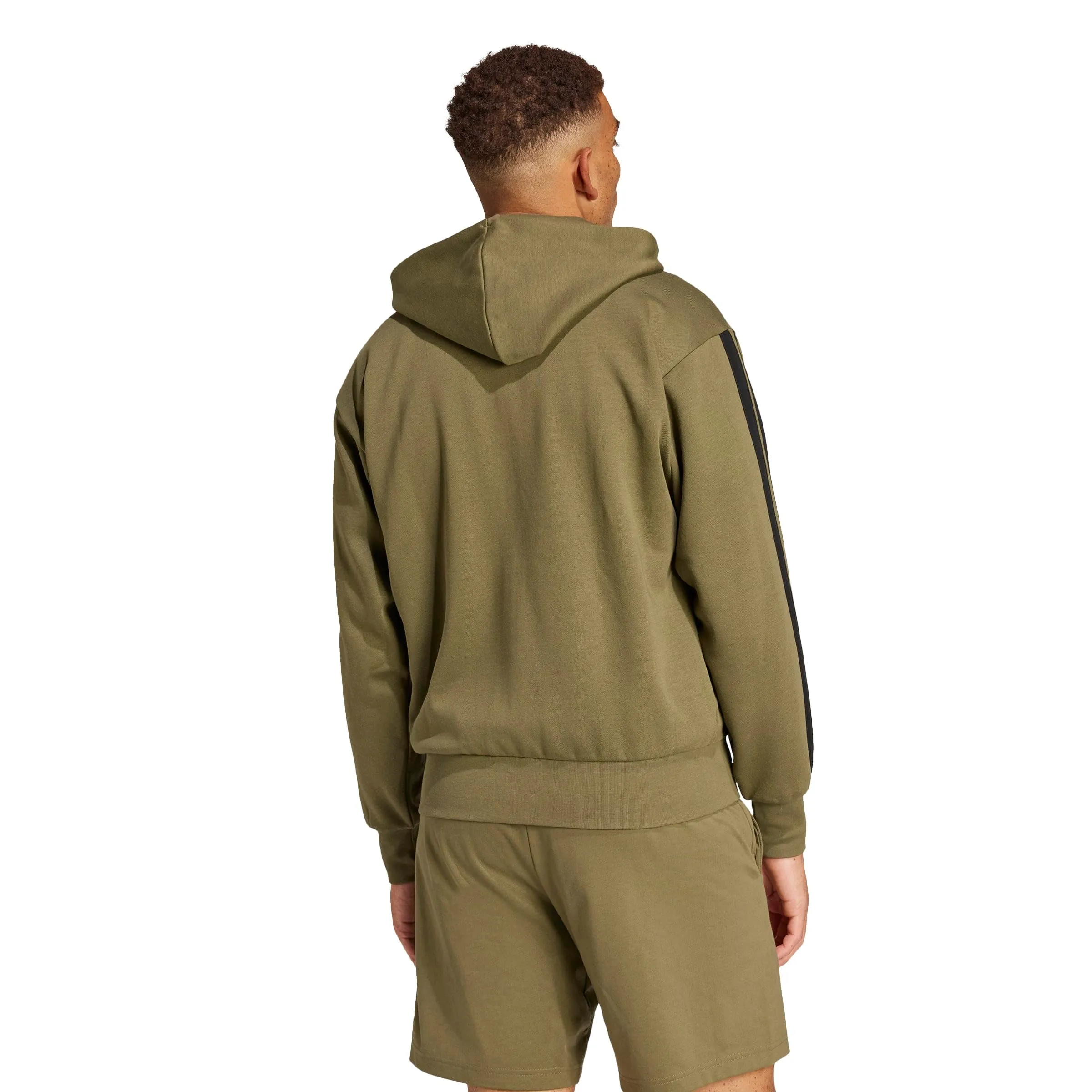Adidas Essentials 3-Stripes Fleece Hoodie Felpa, Olive Strata/Nero, M Uomo - immagine 3