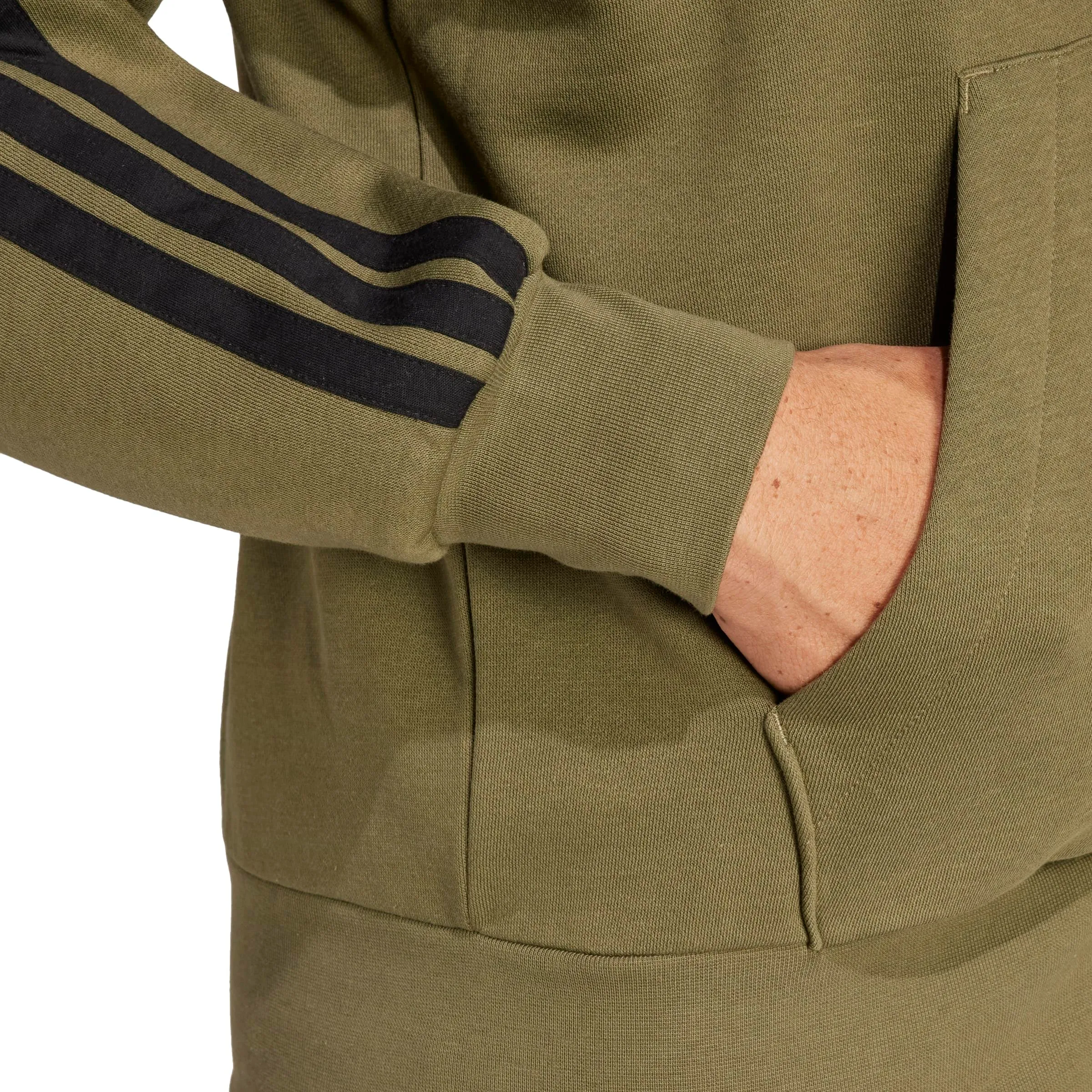 Adidas Essentials 3-Stripes Fleece Hoodie Felpa, Olive Strata/Nero, M Uomo - immagine 4