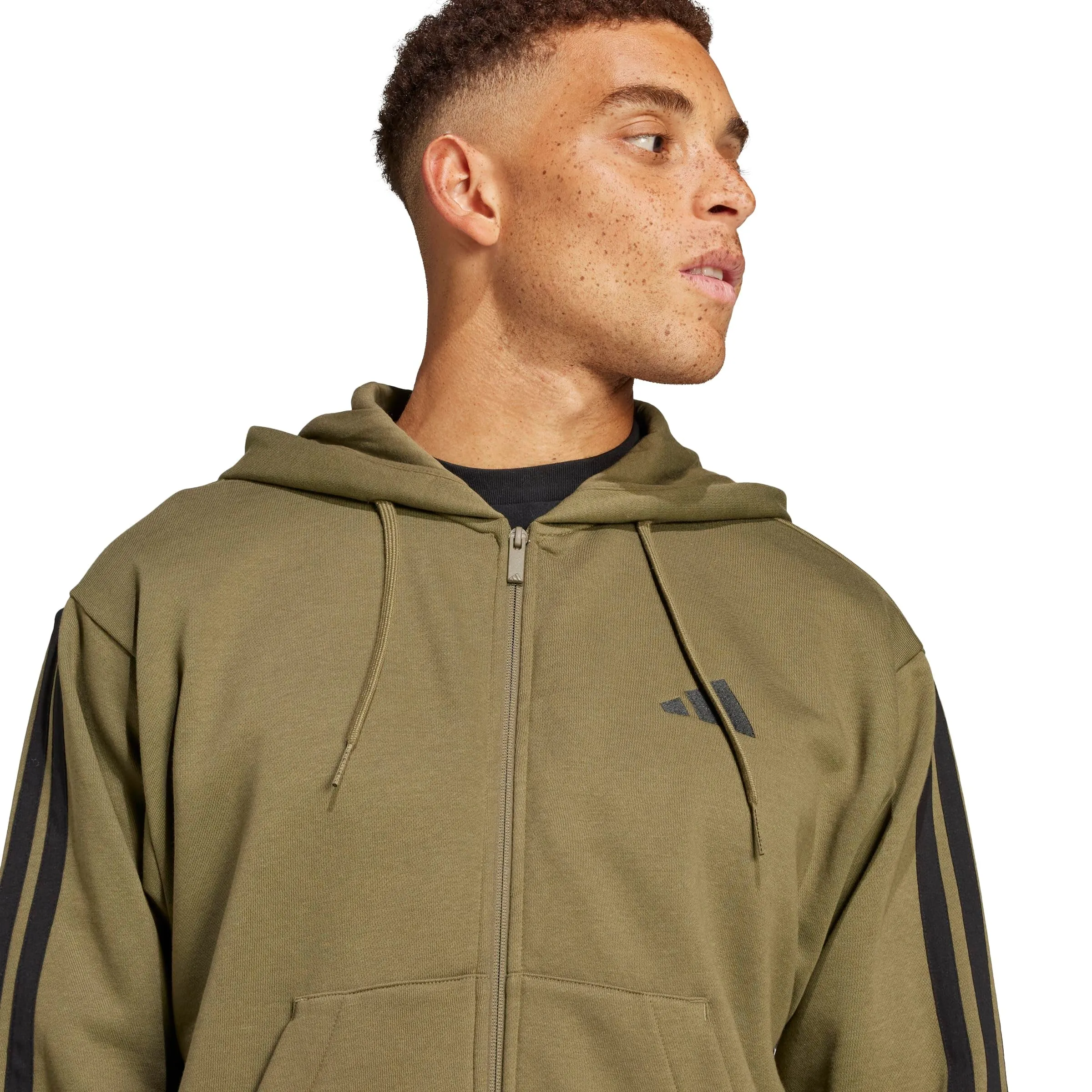 Adidas Essentials 3-Stripes Fleece Hoodie Felpa, Olive Strata/Nero, M Uomo - immagine 5