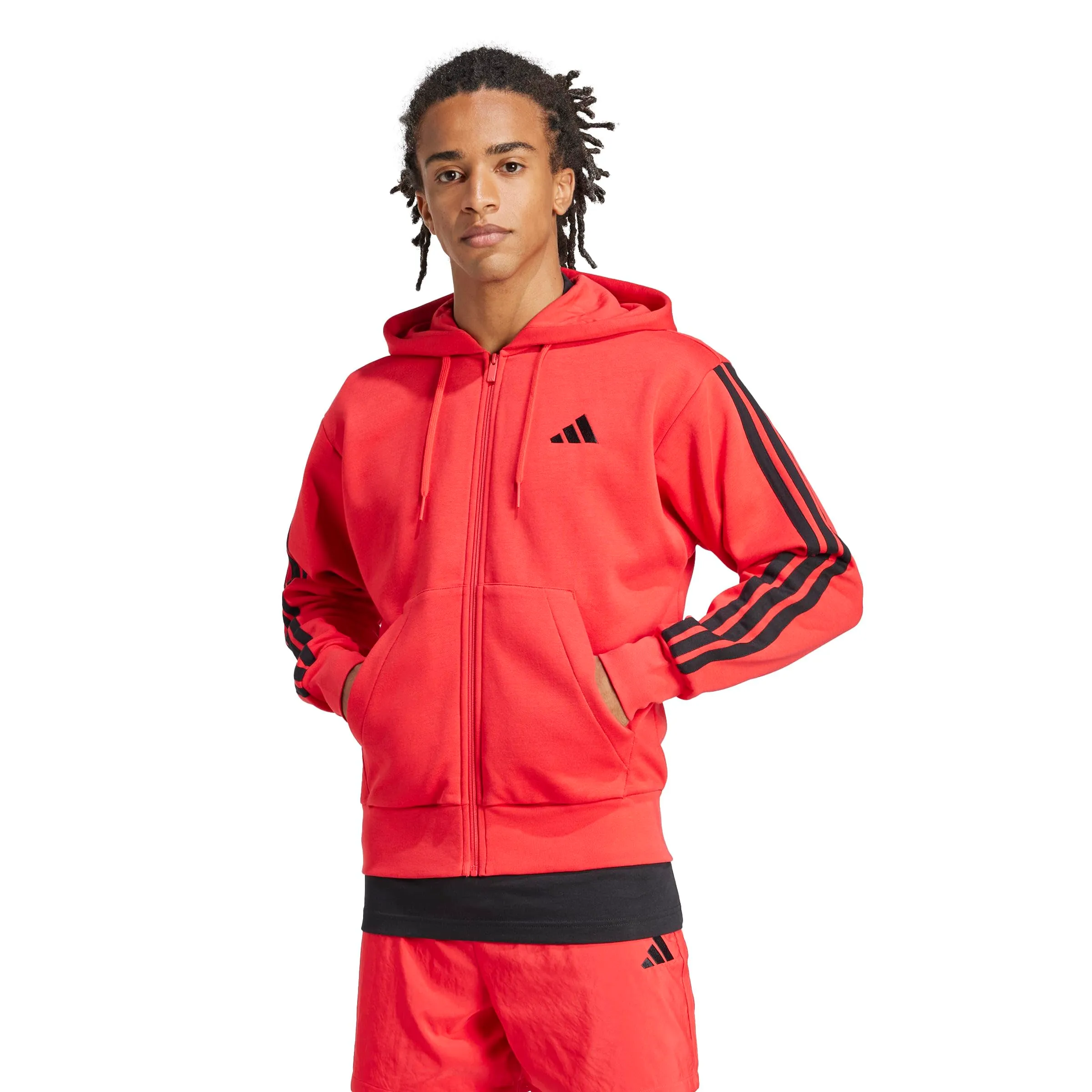 adidas - Felpa da uomo Essentials con 3 strisce e zip integrale, Pure Ruby/Nero, Taglia XL - immagine 1