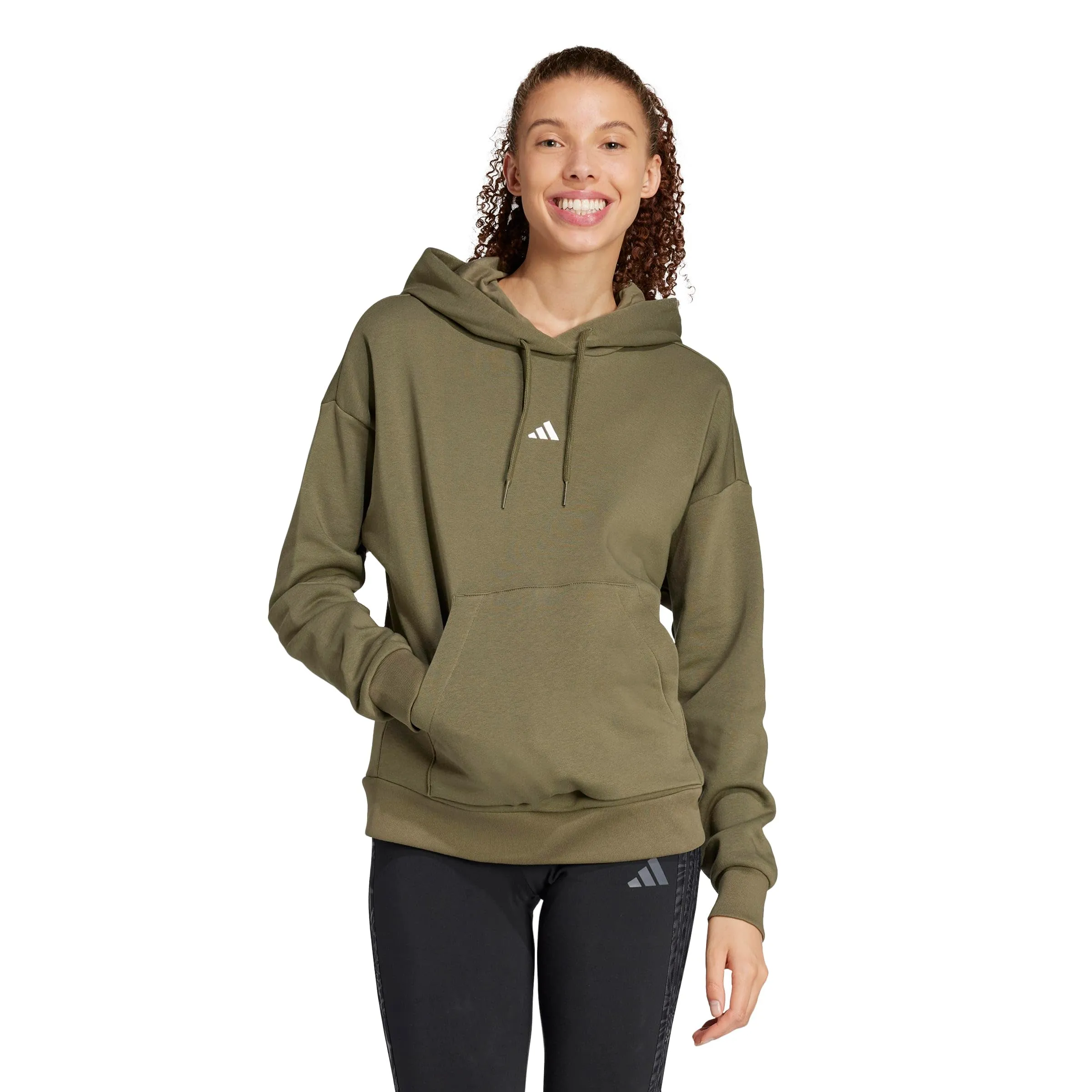 Adidas Felpa con Cappuccio Abbigliamento Sportivo in Pile con Logo da Donna, Oliva Strati/Bianco, Grande - immagine 1