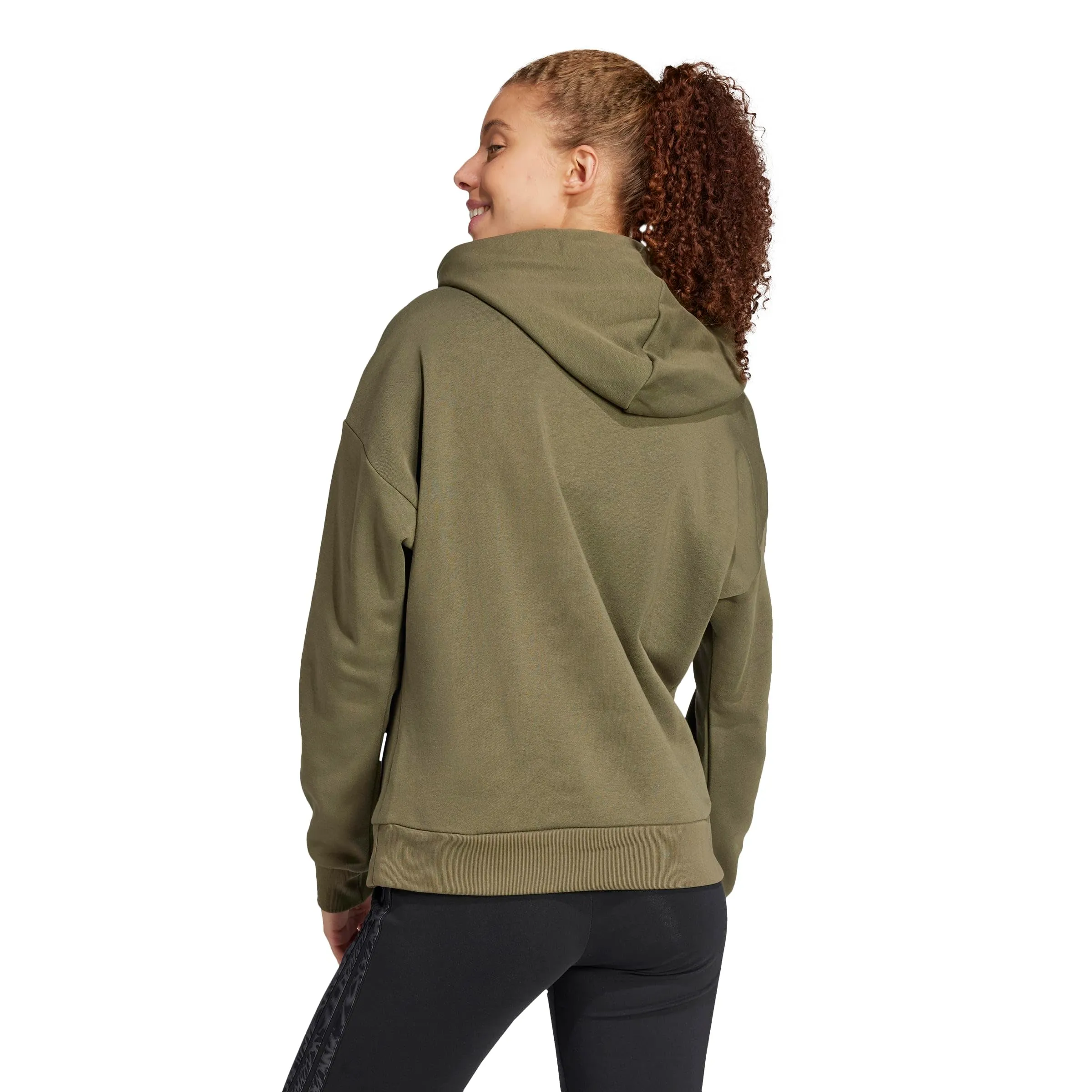 Adidas Felpa con Cappuccio Abbigliamento Sportivo in Pile con Logo da Donna, Oliva Strati/Bianco, Grande - immagine 2