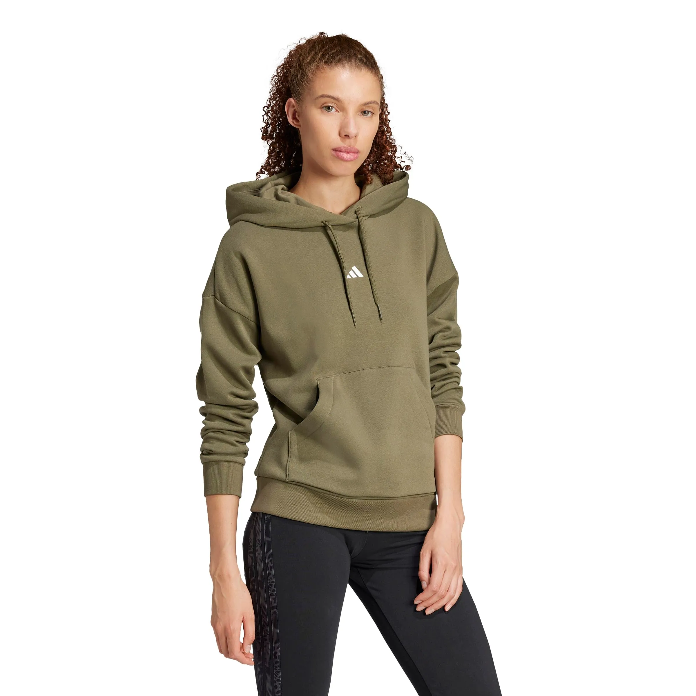Adidas Felpa con Cappuccio Abbigliamento Sportivo in Pile con Logo da Donna, Oliva Strati/Bianco, Grande - immagine 3