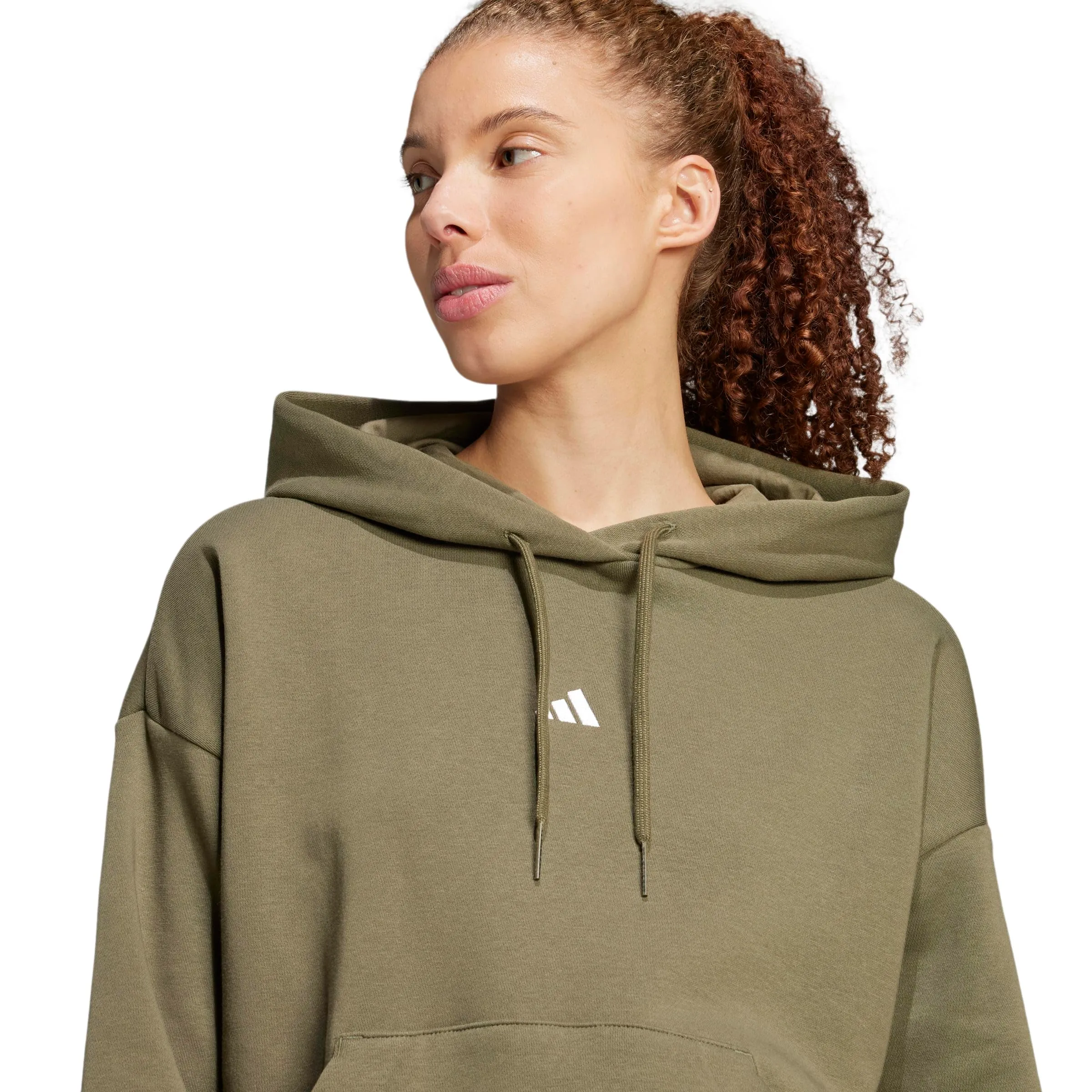 Adidas Felpa con Cappuccio Abbigliamento Sportivo in Pile con Logo da Donna, Oliva Strati/Bianco, Grande - immagine 5