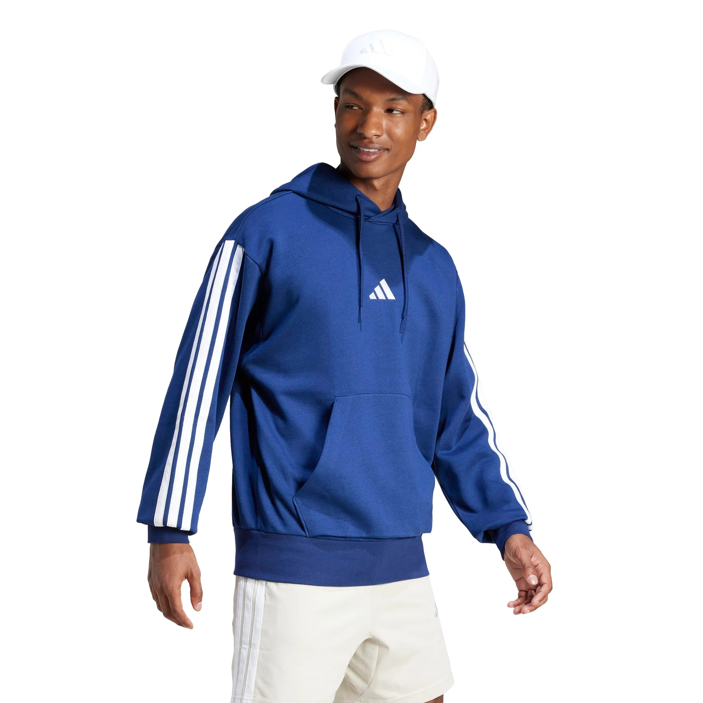 Adidas Essentials 3-Stripes Fleece Hoodie Felpa, Blu Scuro/Bianco, Large da Uomo - immagine 2