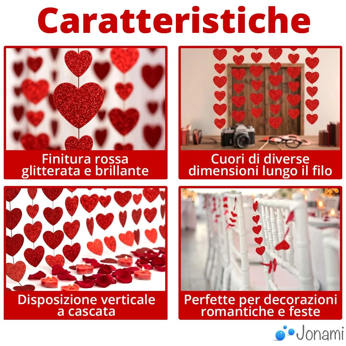 Ghirlanda Cuore Decorazione San Valentino, Ghirlanda Pendente Rossa in Glitter, Decorazione Romantica per Proposta di Matrimonio - 6 pezzi - - immagine 3