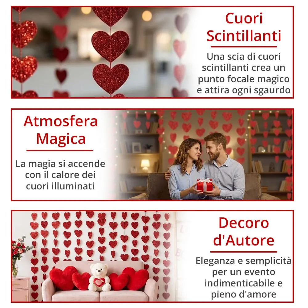 Ghirlanda Cuore Decorazione San Valentino, Ghirlanda Pendente Rossa in Glitter, Decorazione Romantica per Proposta di Matrimonio - 6 pezzi - - immagine 5