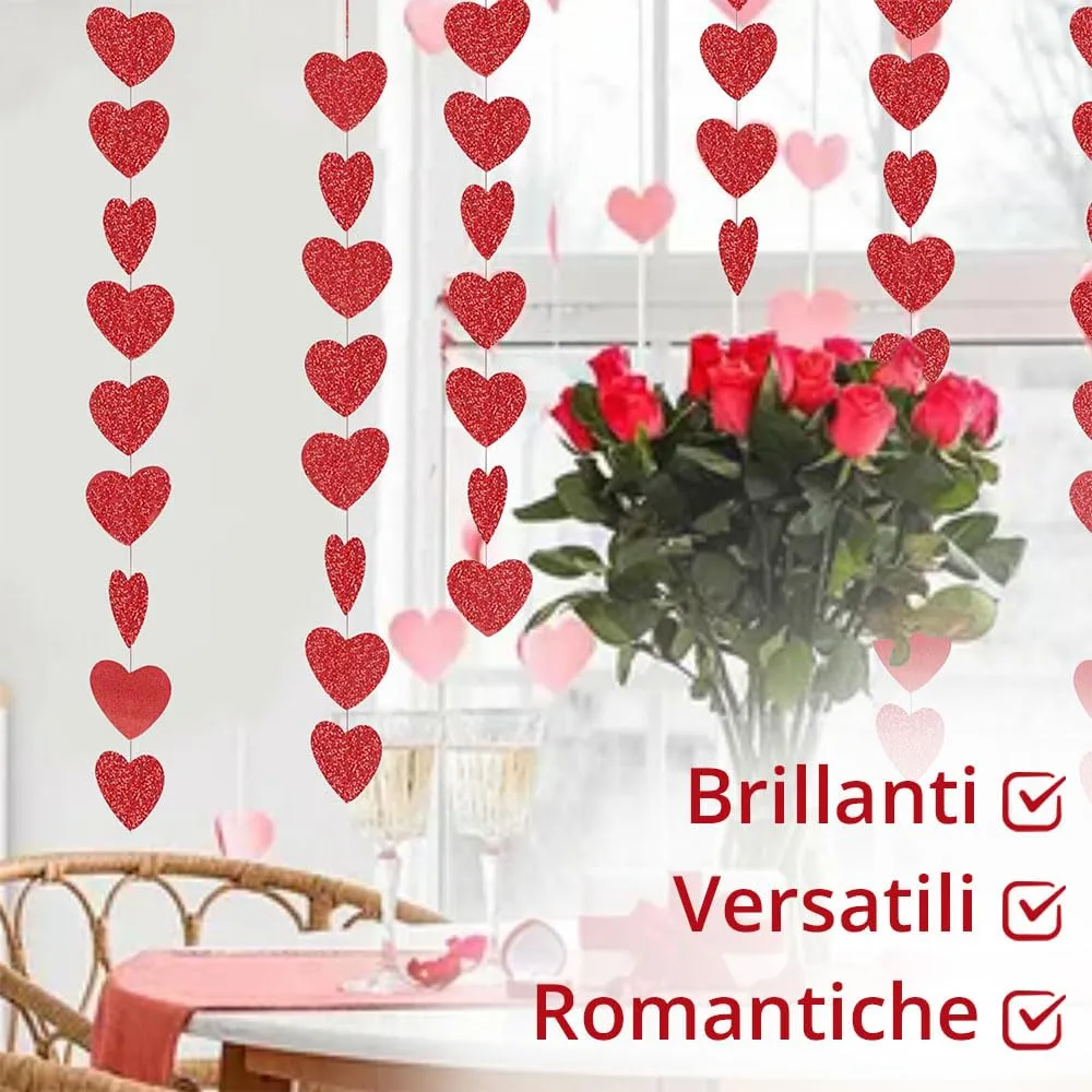 Ghirlanda Cuore Decorazione San Valentino, Ghirlanda Pendente Rossa in Glitter, Decorazione Romantica per Proposta di Matrimonio - 6 pezzi - - immagine 6