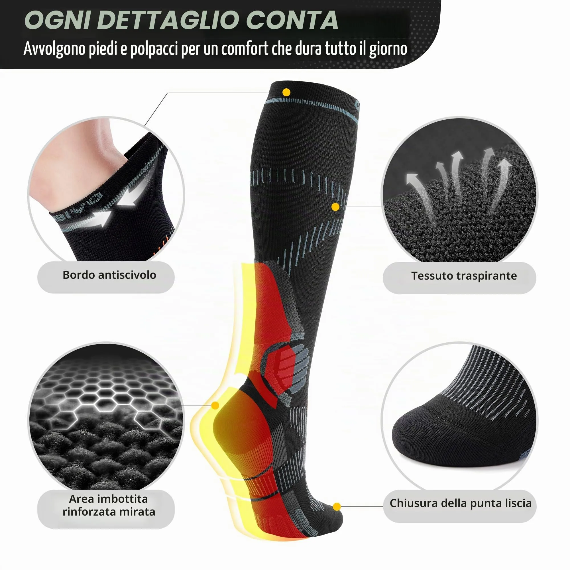 CAMBIVO Calze Compressione Graduata Donna Uomo 2Paia, Gambaletti Compressione Graduata 15-20 mmHg, Calze Elastiche a Compressione Antitrombo, Calzini Lunghe per Vene Varicose, Aereo, Sportive, Corsa - immagine 5