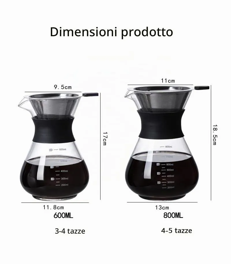 YunNasi Caffettiera Pour Over Coffee Maker Dripper Manuale per Fare il Caffè con Caraffa in Vetro e Filtro Permanente Riutilizzabile in Acciaio Inox Adatto per Polvere di Caffè Macinato (600 ml) - immagine 2