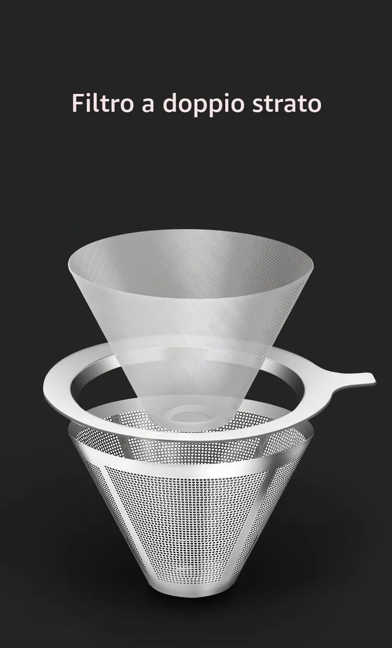 YunNasi Caffettiera Pour Over Coffee Maker Dripper Manuale per Fare il Caffè con Caraffa in Vetro e Filtro Permanente Riutilizzabile in Acciaio Inox Adatto per Polvere di Caffè Macinato (600 ml) - immagine 4