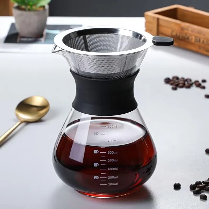 YunNasi Caffettiera Pour Over Coffee Maker Dripper Manuale per Fare il Caffè con Caraffa in Vetro e Filtro Permanente Riutilizzabile in Acciaio Inox Adatto per Polvere di Caffè Macinato (800 ml) - immagine 2