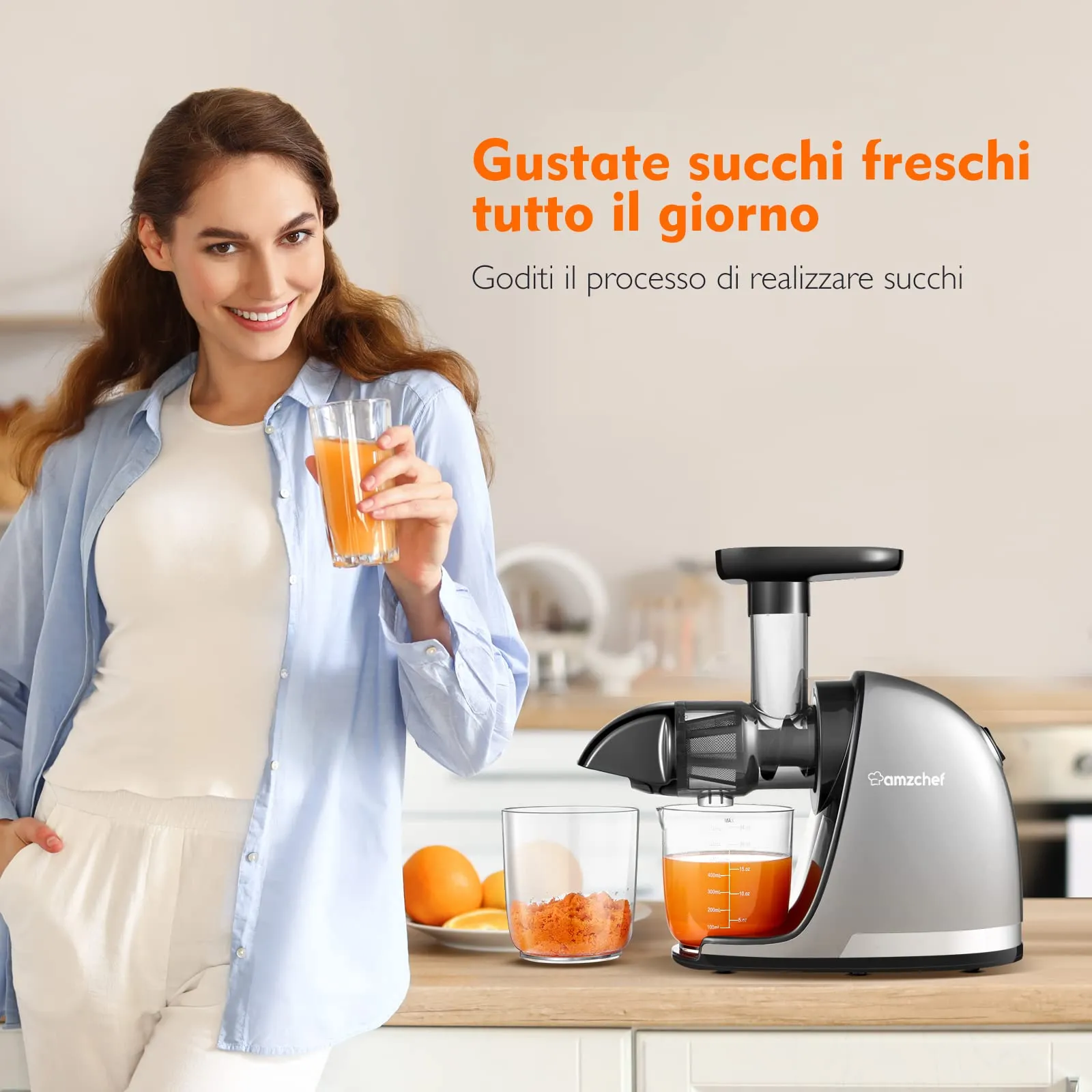 AMZCHEF Estrattore Frutta e Verdura - Estrattore a Freddo Pofessionale - Masticazione Delicata Non C'è Bisogno Di Filtrare - Estrattore Di Succo Senza BPA con Due Tazze e Pennello - Argento - immagine 2
