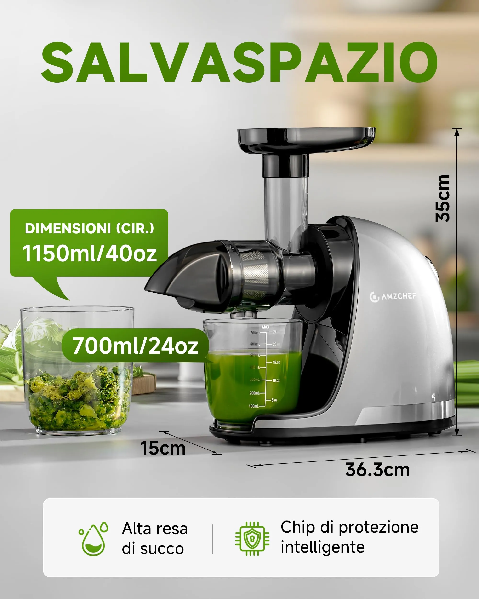 AMZCHEF Estrattore Frutta e Verdura - Estrattore a Freddo Pofessionale - Masticazione Delicata Non C'è Bisogno Di Filtrare - Estrattore Di Succo Senza BPA con Due Tazze e Pennello - Argento - immagine 3