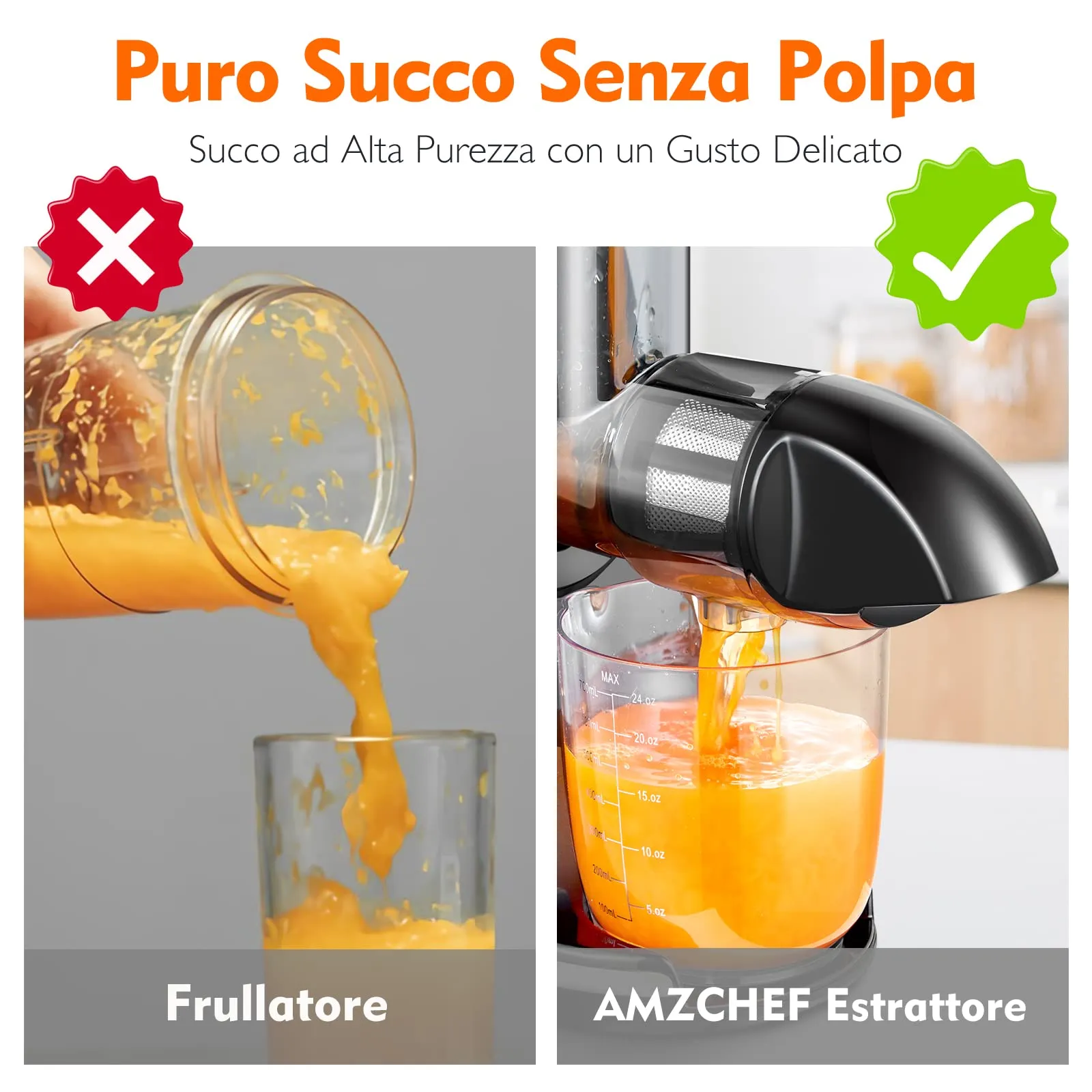 AMZCHEF Estrattore Frutta e Verdura - Estrattore a Freddo Pofessionale - Masticazione Delicata Non C'è Bisogno Di Filtrare - Estrattore Di Succo Senza BPA con Due Tazze e Pennello - Argento - immagine 6