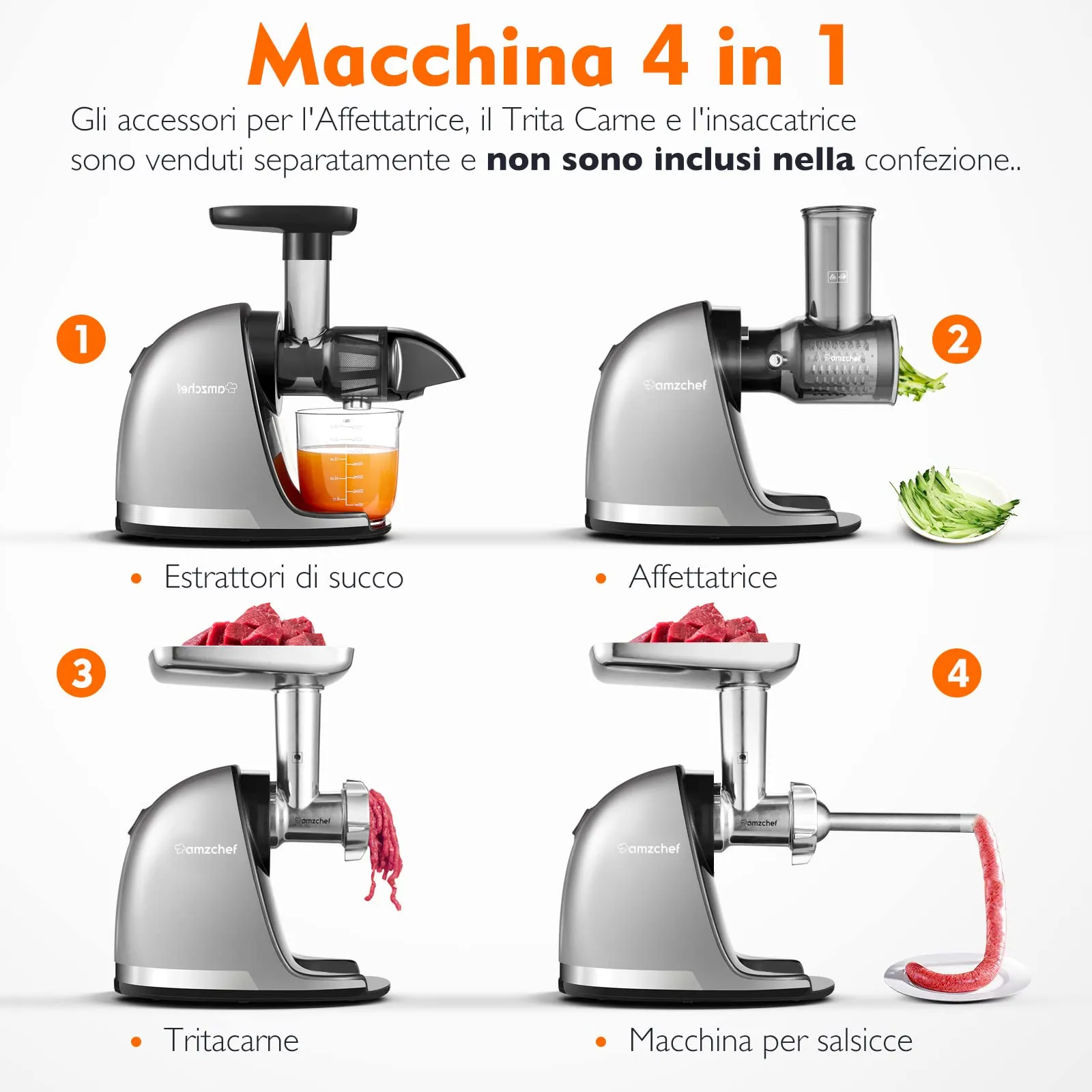 AMZCHEF Estrattore Frutta e Verdura - Estrattore a Freddo Pofessionale - Masticazione Delicata Non C'è Bisogno Di Filtrare - Estrattore Di Succo Senza BPA con Due Tazze e Pennello - Argento - immagine 7
