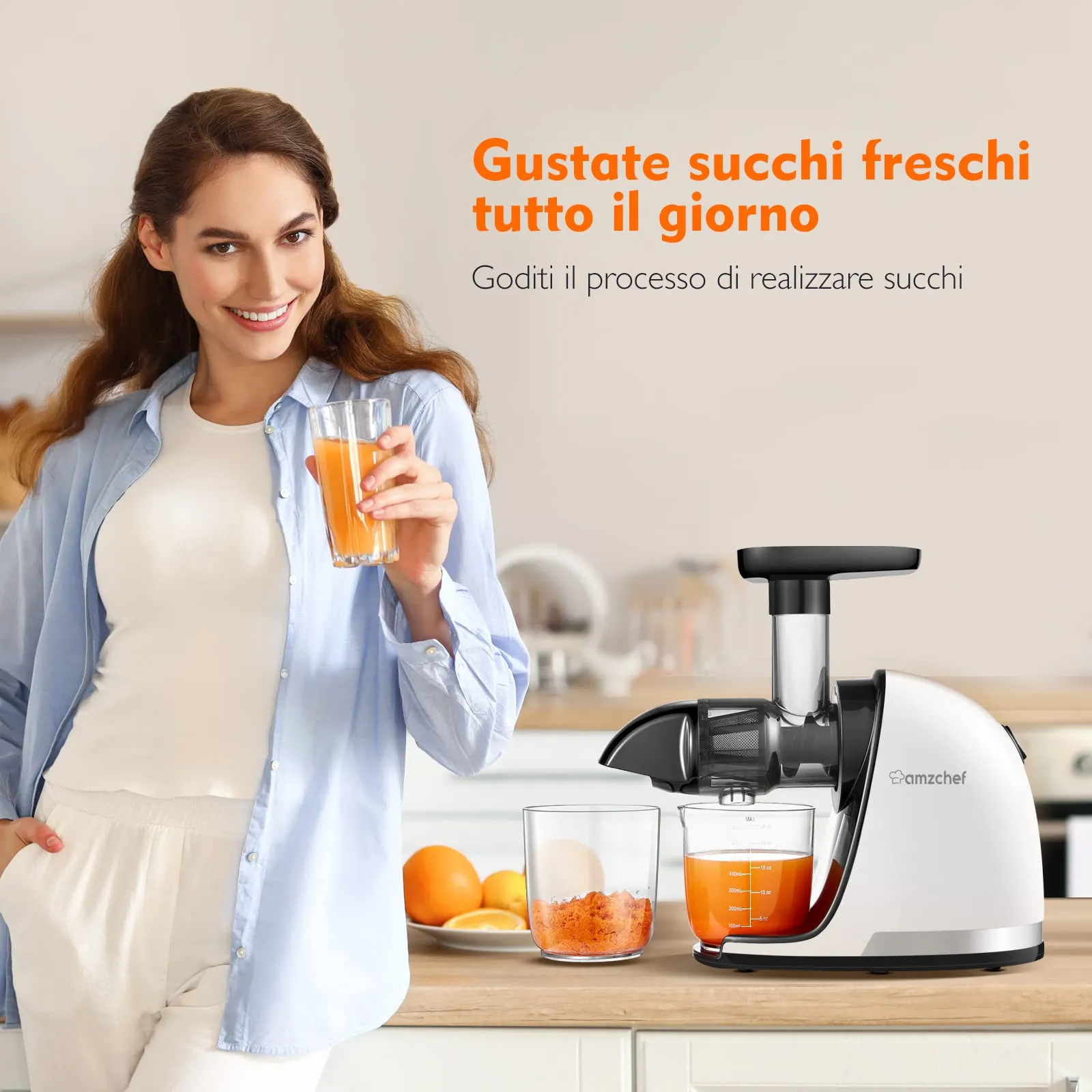 AMZCHEF Estrattore Frutta e Verdura - Estrattore a Freddo Pofessionale - Masticazione Delicata Non C'è Bisogno Di Filtrare - Estrattore Di Succo Senza BPA con Due Tazze e Pennello - Bianco - immagine 2