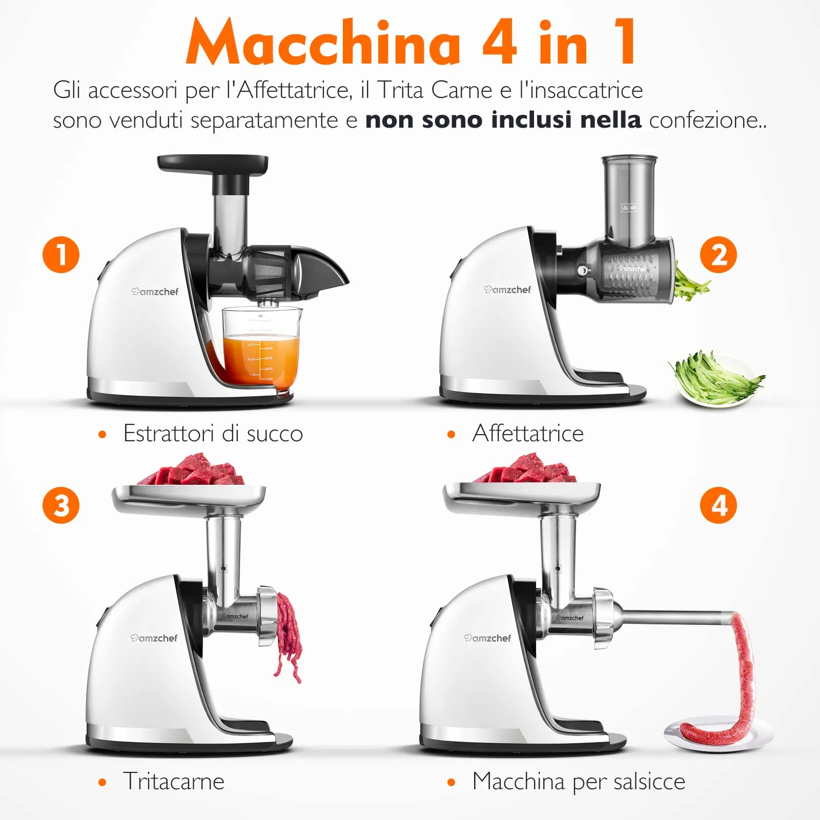 AMZCHEF Estrattore Frutta e Verdura - Estrattore a Freddo Pofessionale - Masticazione Delicata Non C'è Bisogno Di Filtrare - Estrattore Di Succo Senza BPA con Due Tazze e Pennello - Bianco - immagine 6