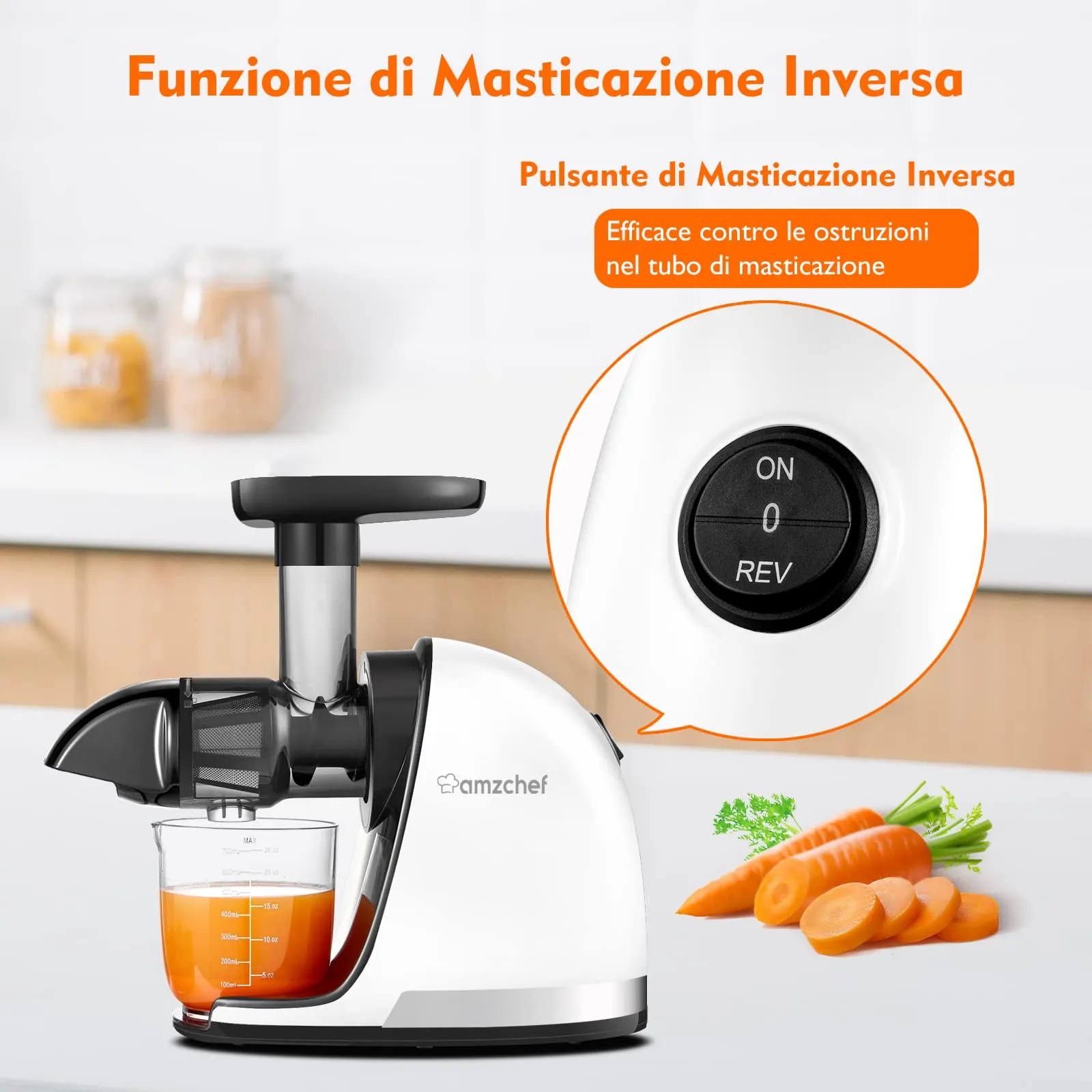 AMZCHEF Estrattore Frutta e Verdura - Estrattore a Freddo Pofessionale - Masticazione Delicata Non C'è Bisogno Di Filtrare - Estrattore Di Succo Senza BPA con Due Tazze e Pennello - Bianco - immagine 8