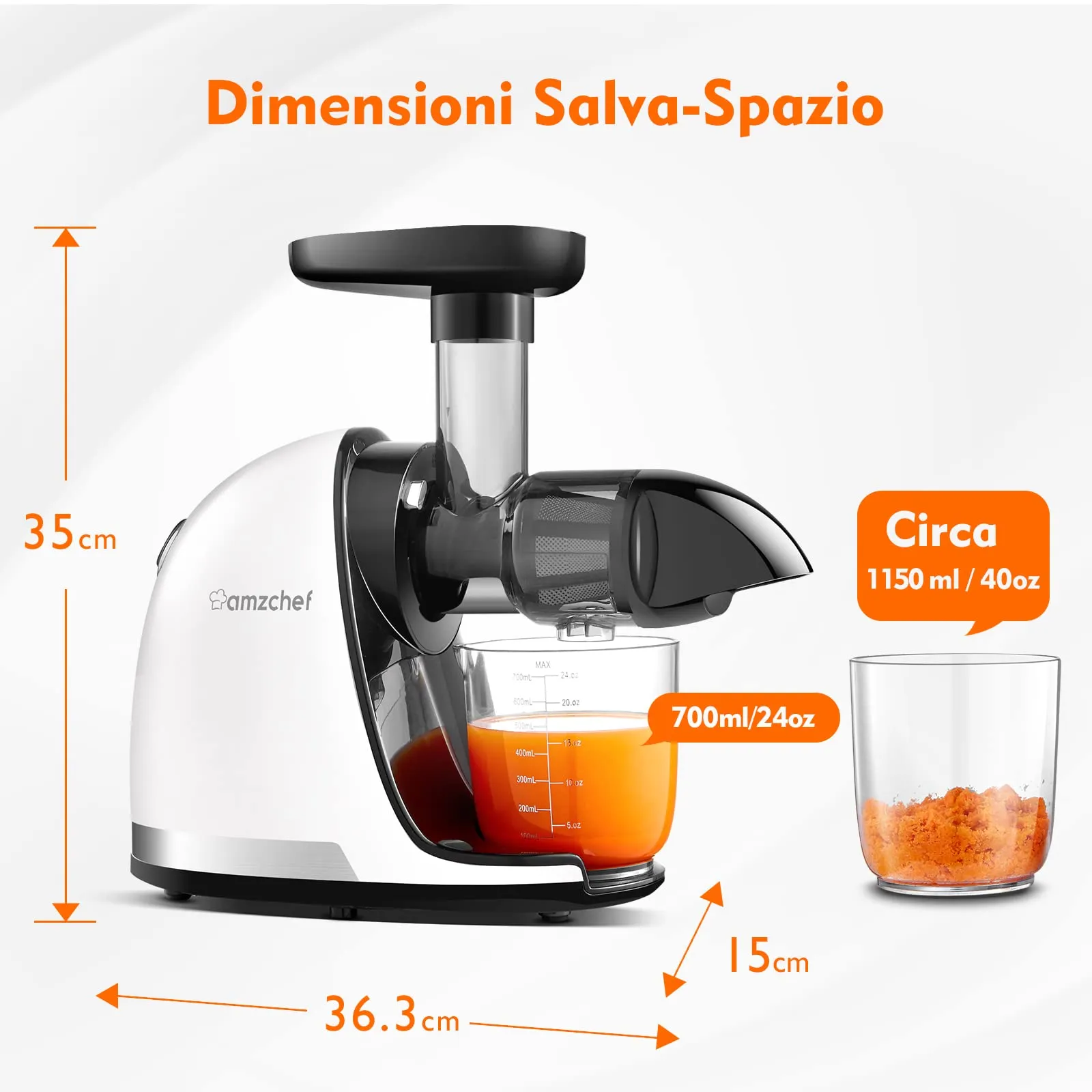 AMZCHEF Estrattore Frutta e Verdura - Estrattore a Freddo Pofessionale - Masticazione Delicata Non C'è Bisogno Di Filtrare - Estrattore Di Succo Senza BPA con Due Tazze e Pennello - Bianco - immagine 9