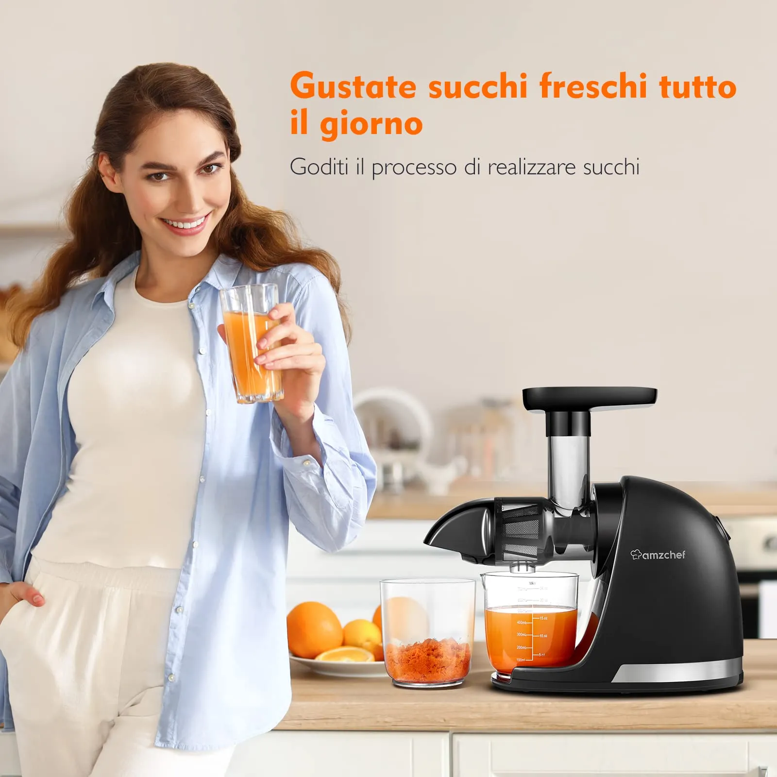 AMZCHEF Estrattore Frutta e Verdura - Estrattore a Freddo Pofessionale - Masticazione Delicata Non C'è Bisogno Di Filtrare - Estrattore Di Succo Senza BPA con Due Tazze e Pennello - Nero Opaco - immagine 2