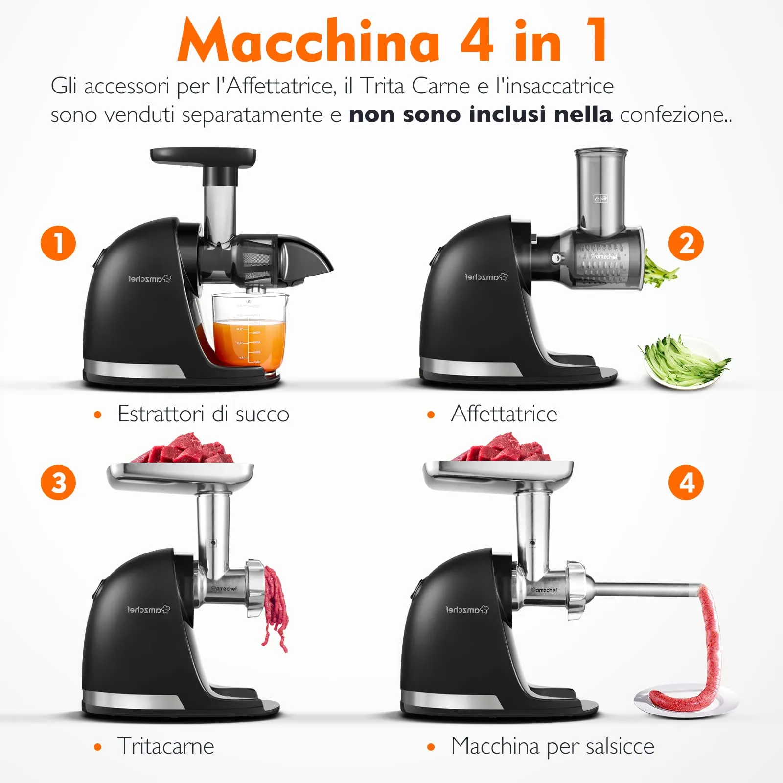 AMZCHEF Estrattore Frutta e Verdura - Estrattore a Freddo Pofessionale - Masticazione Delicata Non C'è Bisogno Di Filtrare - Estrattore Di Succo Senza BPA con Due Tazze e Pennello - Nero Opaco - immagine 6