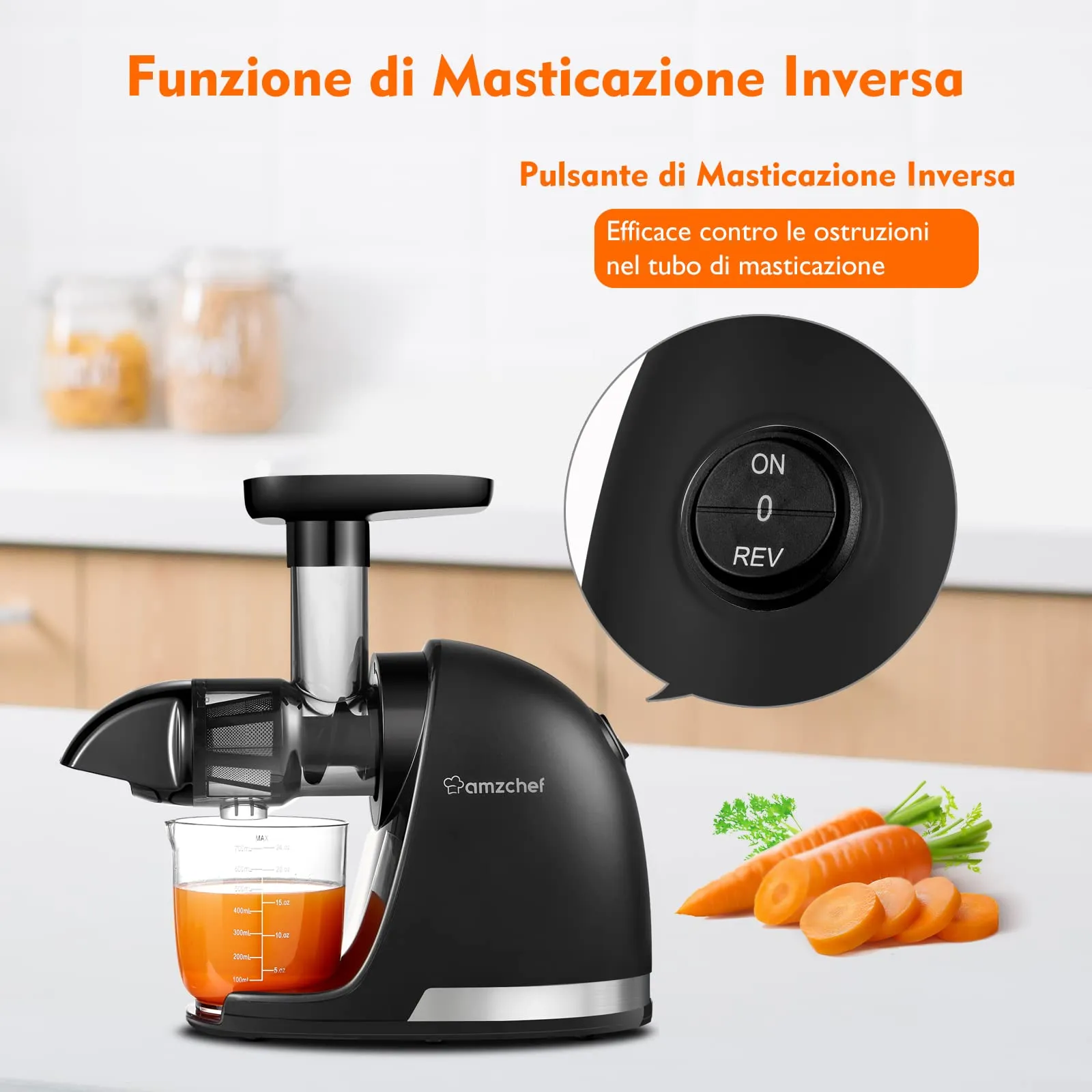 AMZCHEF Estrattore Frutta e Verdura - Estrattore a Freddo Pofessionale - Masticazione Delicata Non C'è Bisogno Di Filtrare - Estrattore Di Succo Senza BPA con Due Tazze e Pennello - Nero Opaco - immagine 8