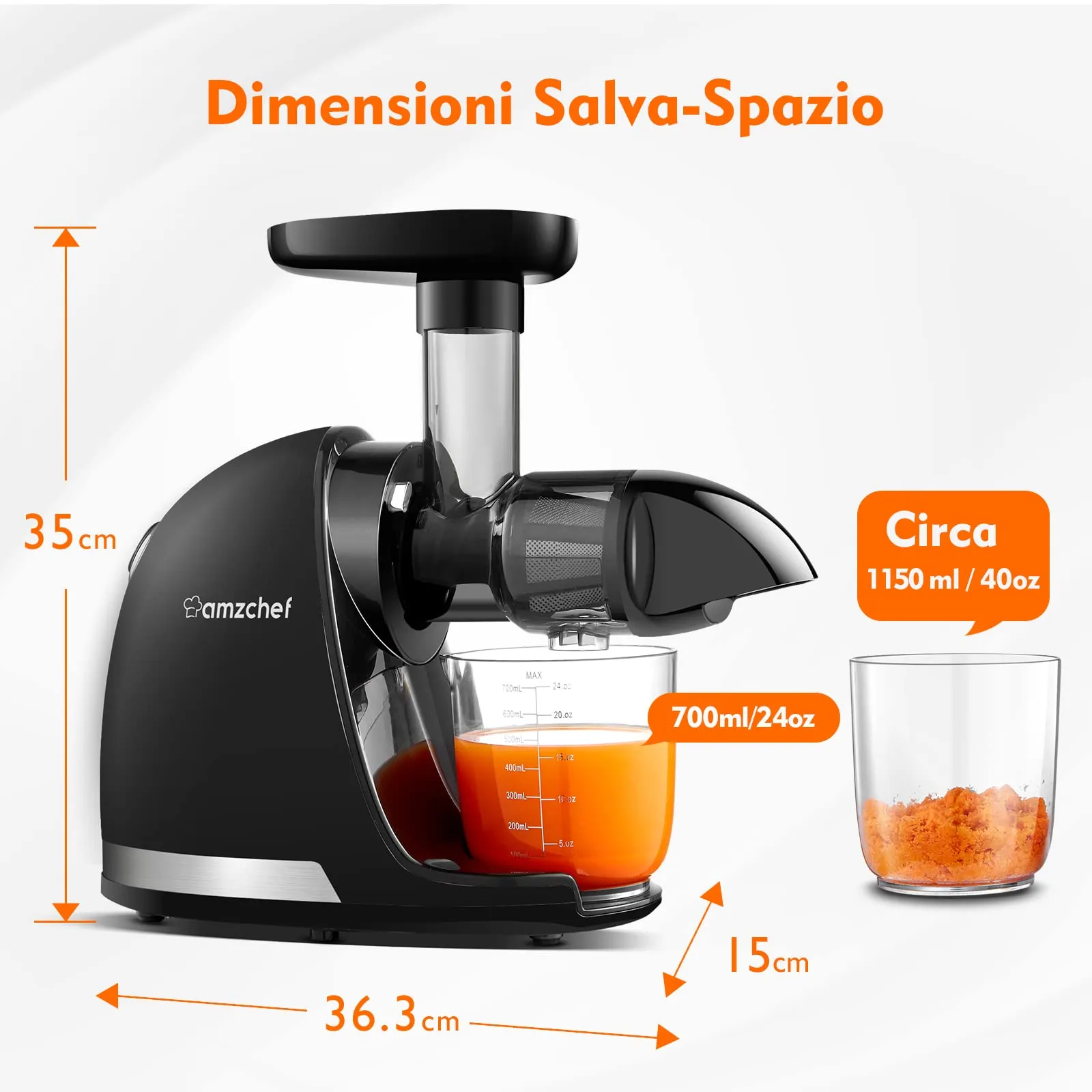 AMZCHEF Estrattore Frutta e Verdura - Estrattore a Freddo Pofessionale - Masticazione Delicata Non C'è Bisogno Di Filtrare - Estrattore Di Succo Senza BPA con Due Tazze e Pennello - Nero Opaco - immagine 9