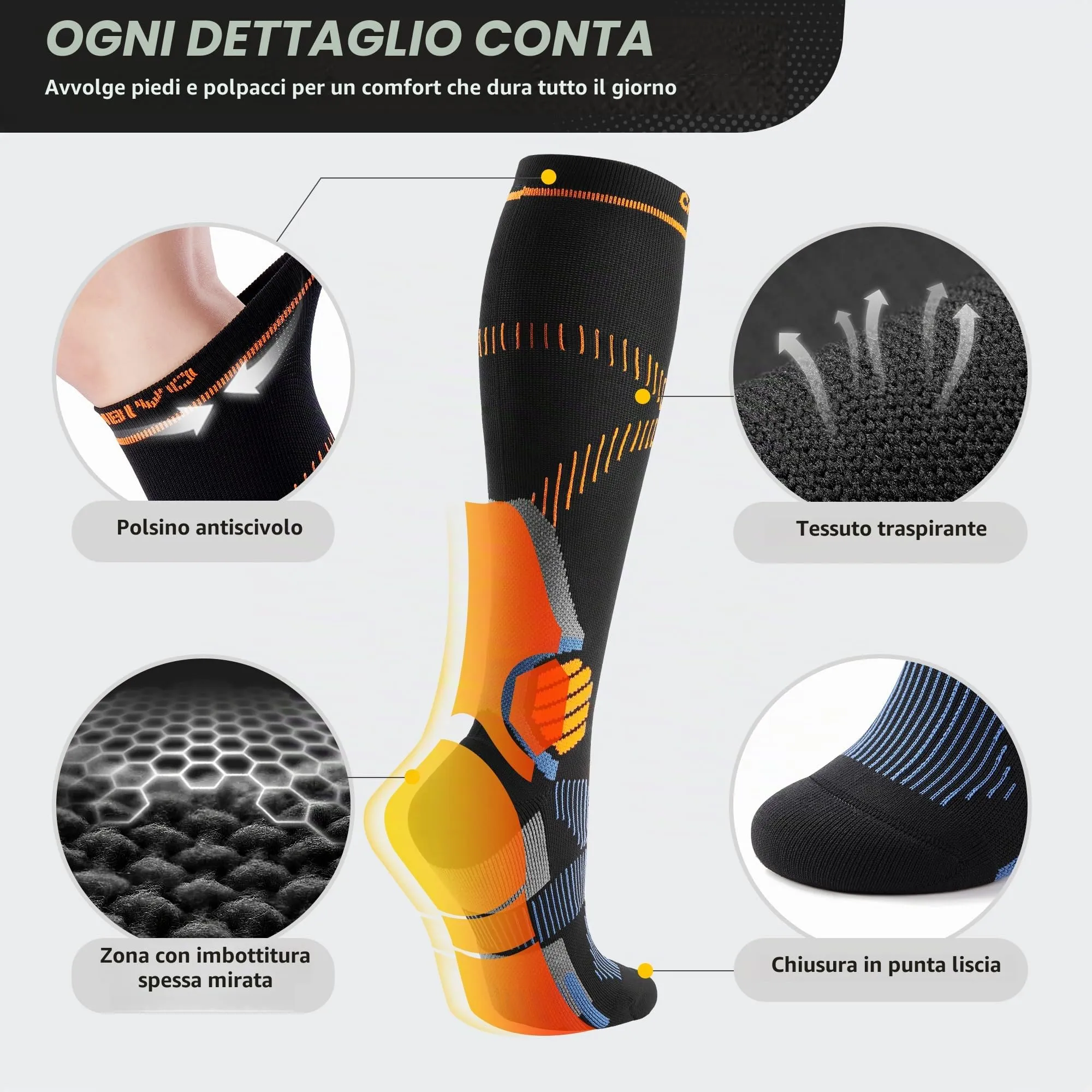 CAMBIVO Calze Compressione Graduata Donna Uomo 2Paia, Gambaletti Compressione Graduata 15-20 mmHg, Calze Elastiche a Compressione Antitrombo, Calzini Lunghe per Vene Varicose, Aereo, Sportive, Corsa - immagine 4