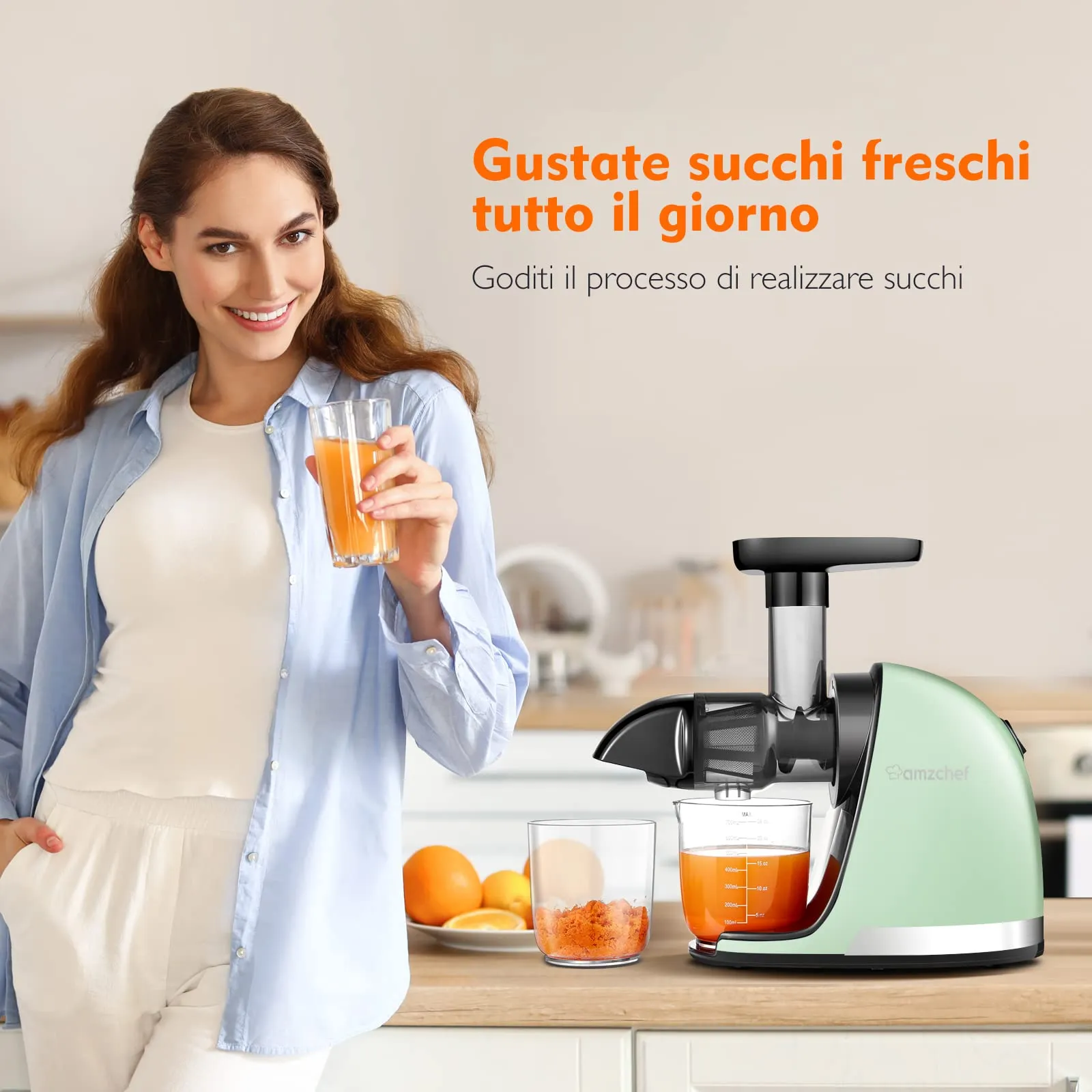 AMZCHEF Estrattore Frutta e Verdura - Estrattore a Freddo Pofessionale - Masticazione Delicata Non C'è Bisogno Di Filtrare - Estrattore Di Succo Senza BPA con Due Tazze e Pennello - Verde - immagine 3