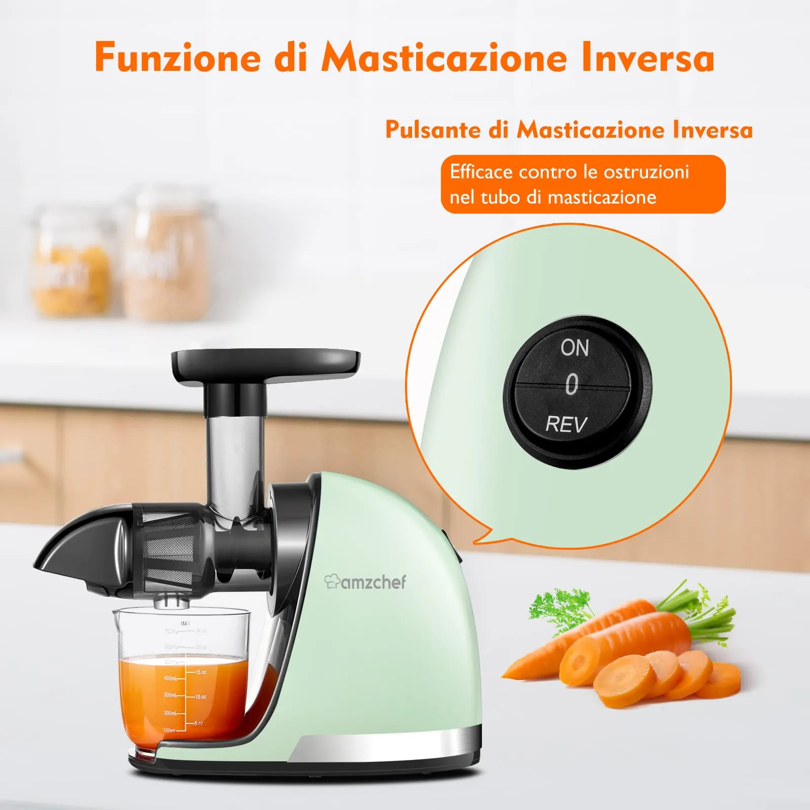AMZCHEF Estrattore Frutta e Verdura - Estrattore a Freddo Pofessionale - Masticazione Delicata Non C'è Bisogno Di Filtrare - Estrattore Di Succo Senza BPA con Due Tazze e Pennello - Verde - immagine 6