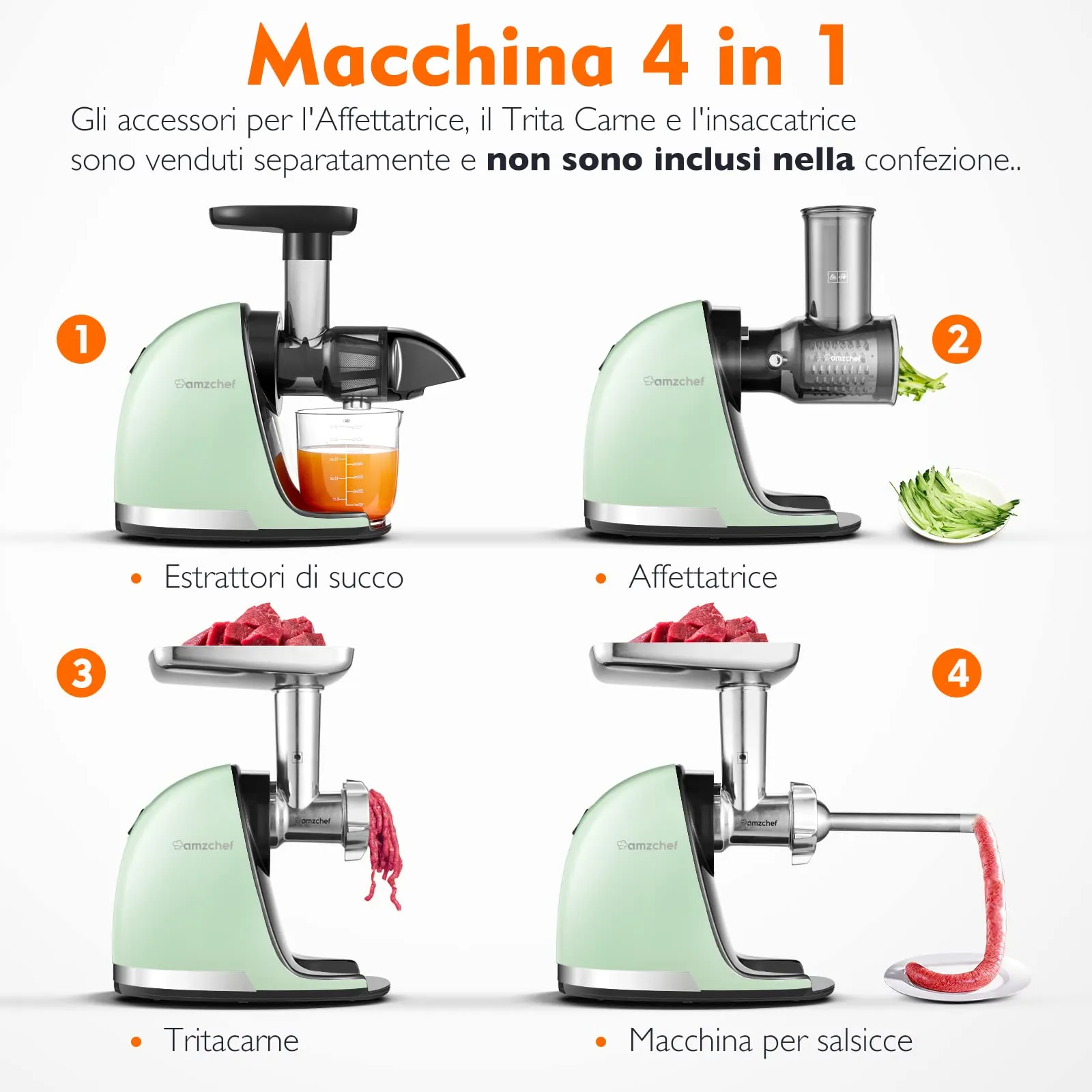 AMZCHEF Estrattore Frutta e Verdura - Estrattore a Freddo Pofessionale - Masticazione Delicata Non C'è Bisogno Di Filtrare - Estrattore Di Succo Senza BPA con Due Tazze e Pennello - Verde - immagine 7