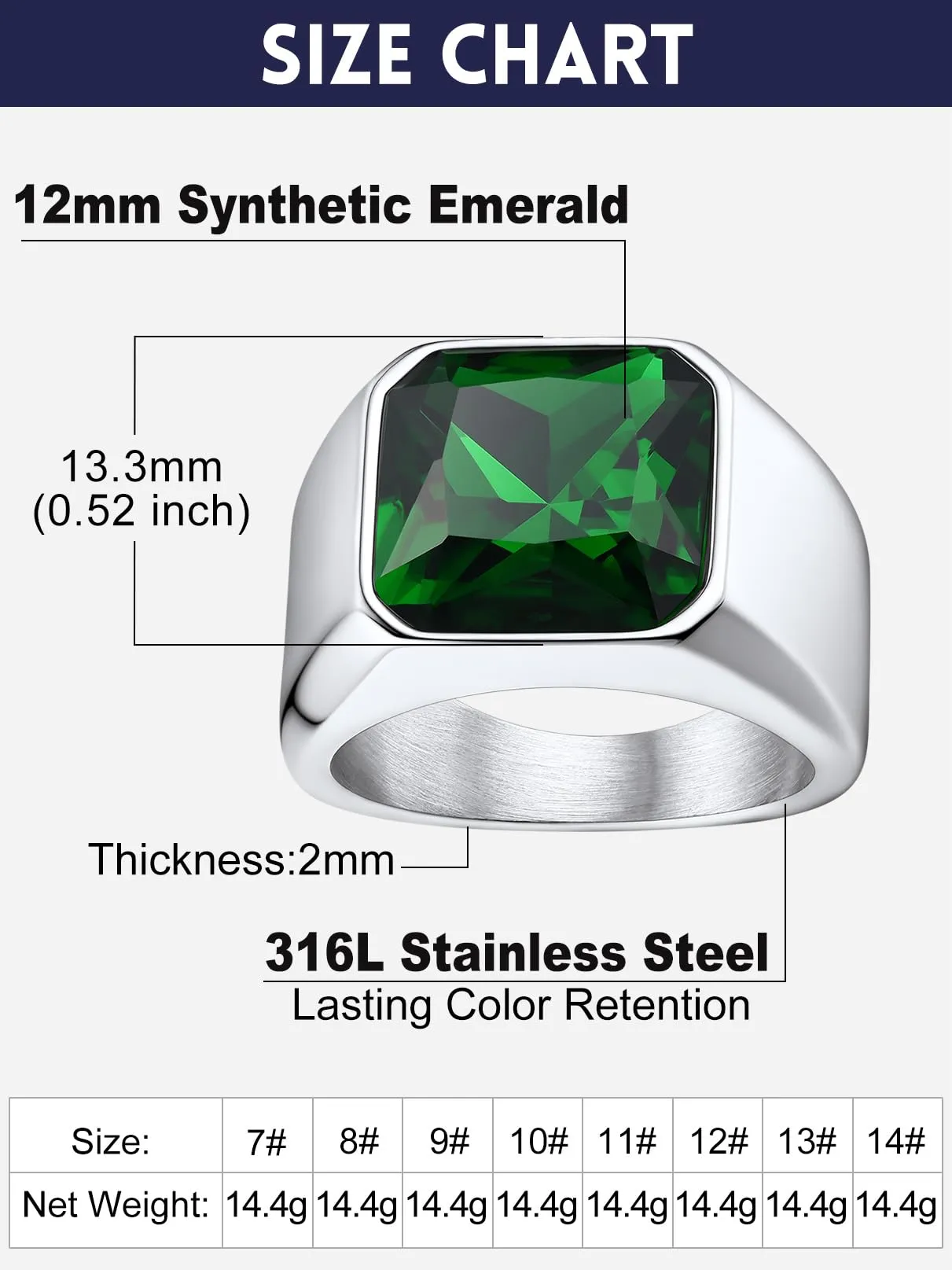 Bandmax Anello Uomo Donna in Acciaio Inossidabile, Anello Argento Uomo con Pietra Smeraldo, Anello Misura 25 Circonferenza 64.6mm, Confezione Regalo - immagine 6