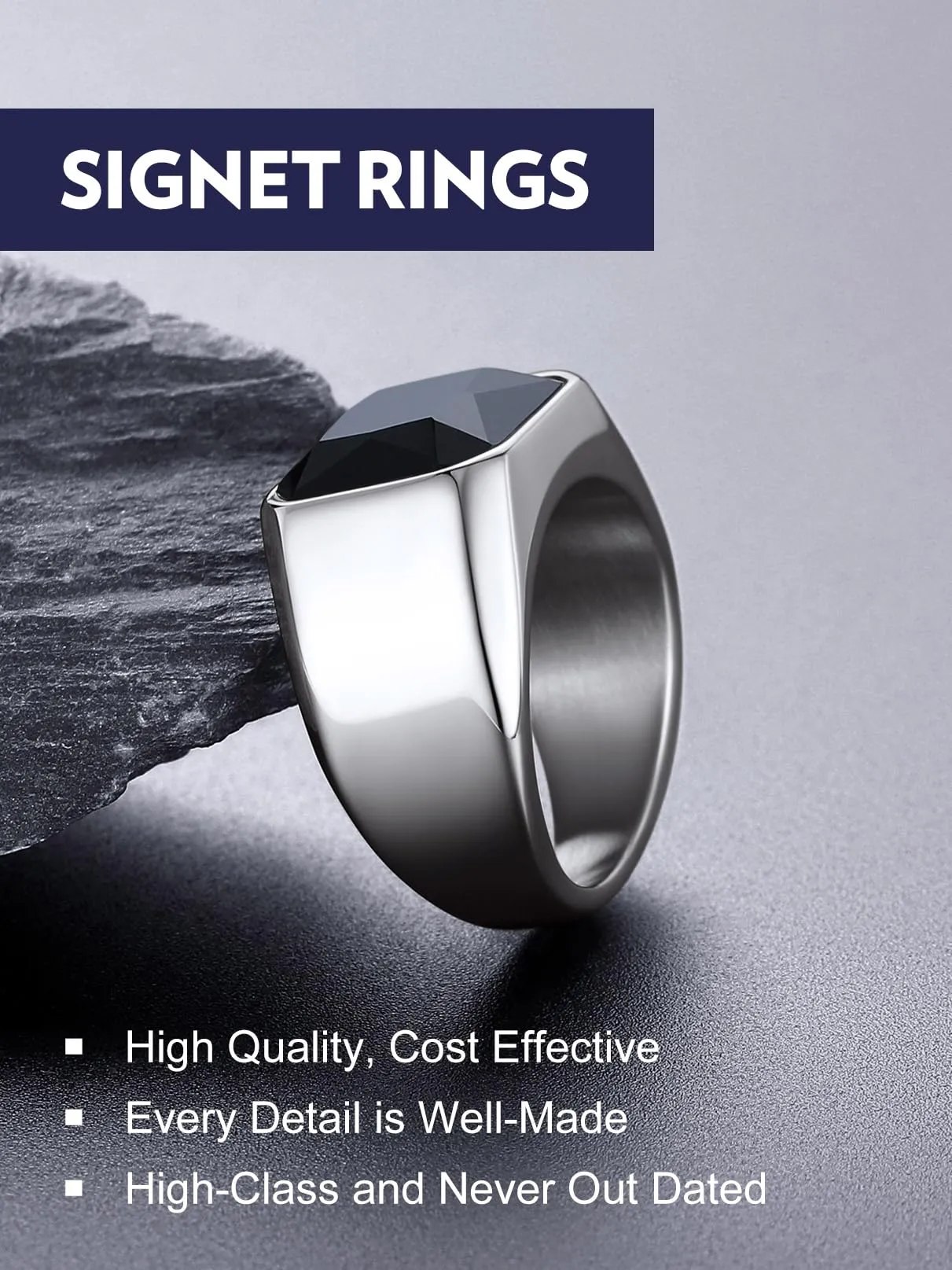 Bandmax Anello Uomo Donna in Acciaio Inossidabile, Anello Argento Uomo con Pietra Onice Nero, Anello Misura 27.5 Circonferenza 67.2mm, Confezione Regalo - immagine 4