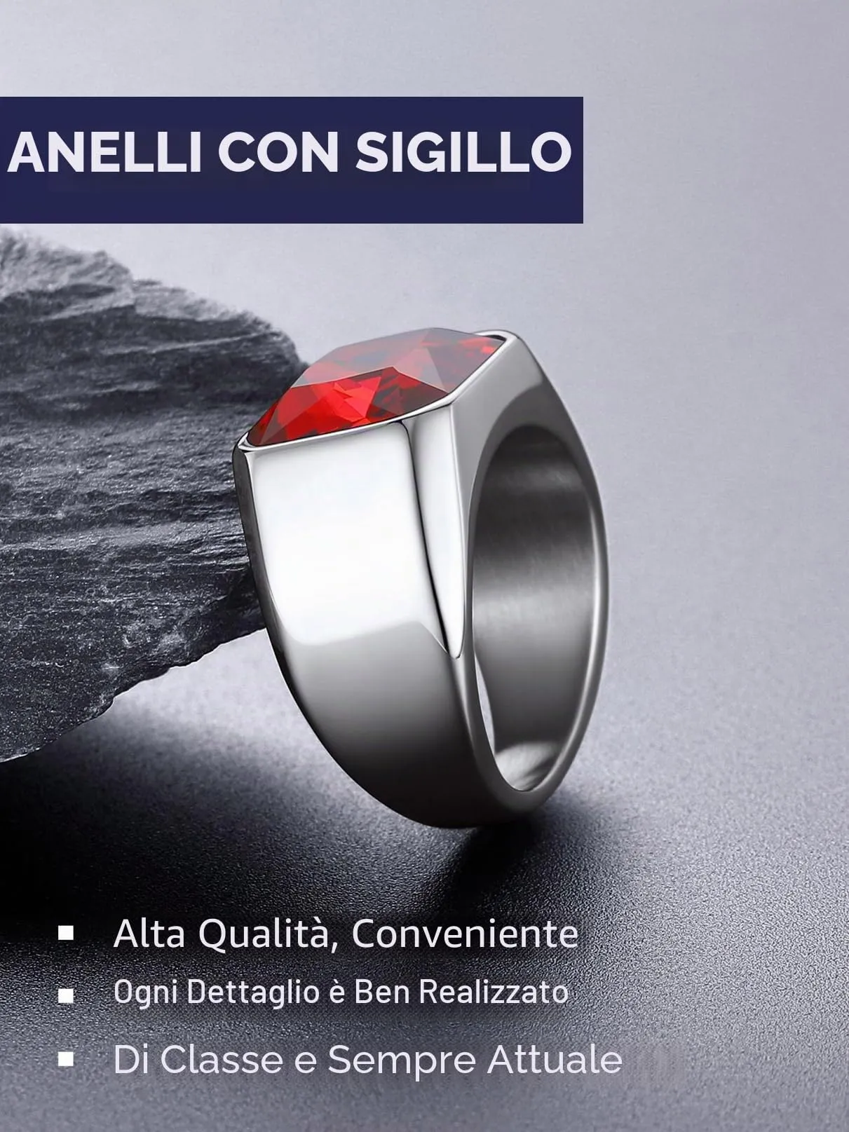 Bandmax Anello Uomo Donna in Acciaio Inossidabile, Anello Argento Uomo con Pietra Rubino, Anello Misura 22.25 Circonferenza 62.1mm, Confezione Regalo - immagine 4