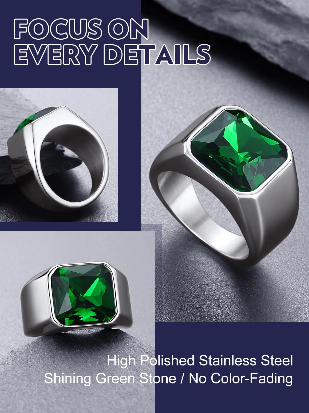 Bandmax Anello Uomo Donna in Acciaio Inossidabile, Anello Argento Uomo con Pietra Smeraldo, Anello Misura 17 Circonferenza 57mm, Confezione Regalo - immagine 8