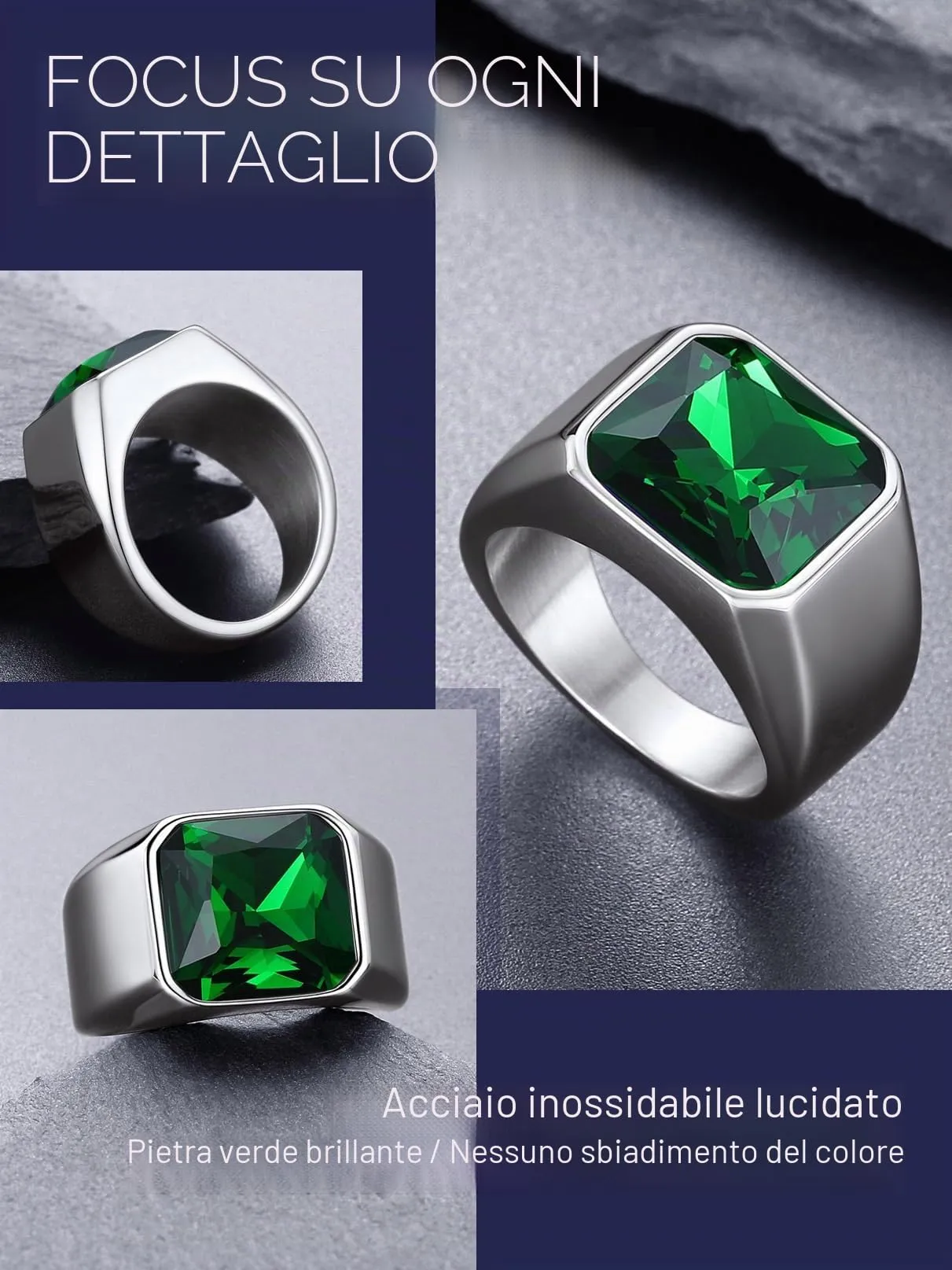 Bandmax Anello Uomo Donna in Acciaio Inossidabile, Anello Argento Uomo con Pietra Smeraldo, Anello Misura 30 Circonferenza 69.7mm, Confezione Regalo - immagine 7