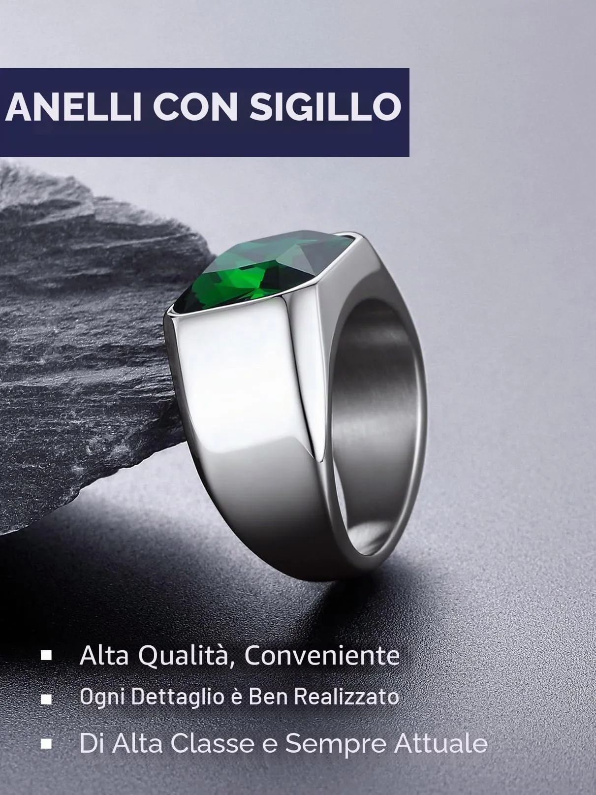 Bandmax Anello Uomo Donna in Acciaio Inossidabile, Anello Argento Uomo con Pietra Smeraldo, Anello Misura 30 Circonferenza 69.7mm, Confezione Regalo - immagine 8