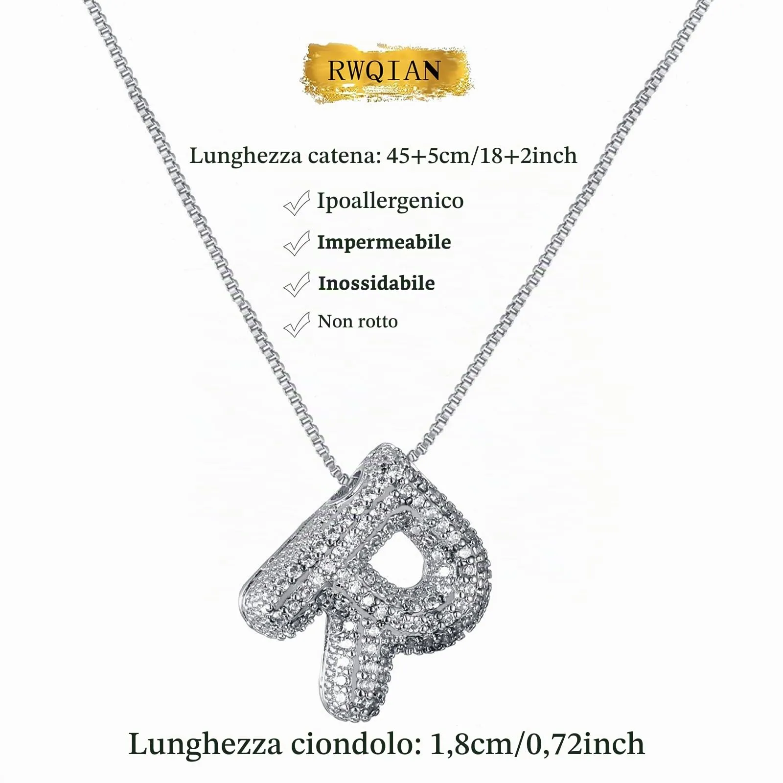 RWQIAN Bubble Initial Letter Chain Argento Delle Donne Balloon Sparkling Zirconia Lettera Pendente Collana Alfabeto R Gioielli Regali delle Donne - immagine 2