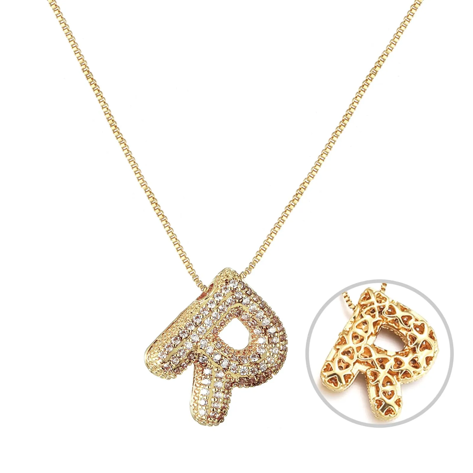 RWQIAN Bubble Initial Letter Chain Oro Delle Donne Balloon Sparkling Zirconia Lettera Pendente Collana Alfabeto R Gioielli Regali delle Donne - immagine 1