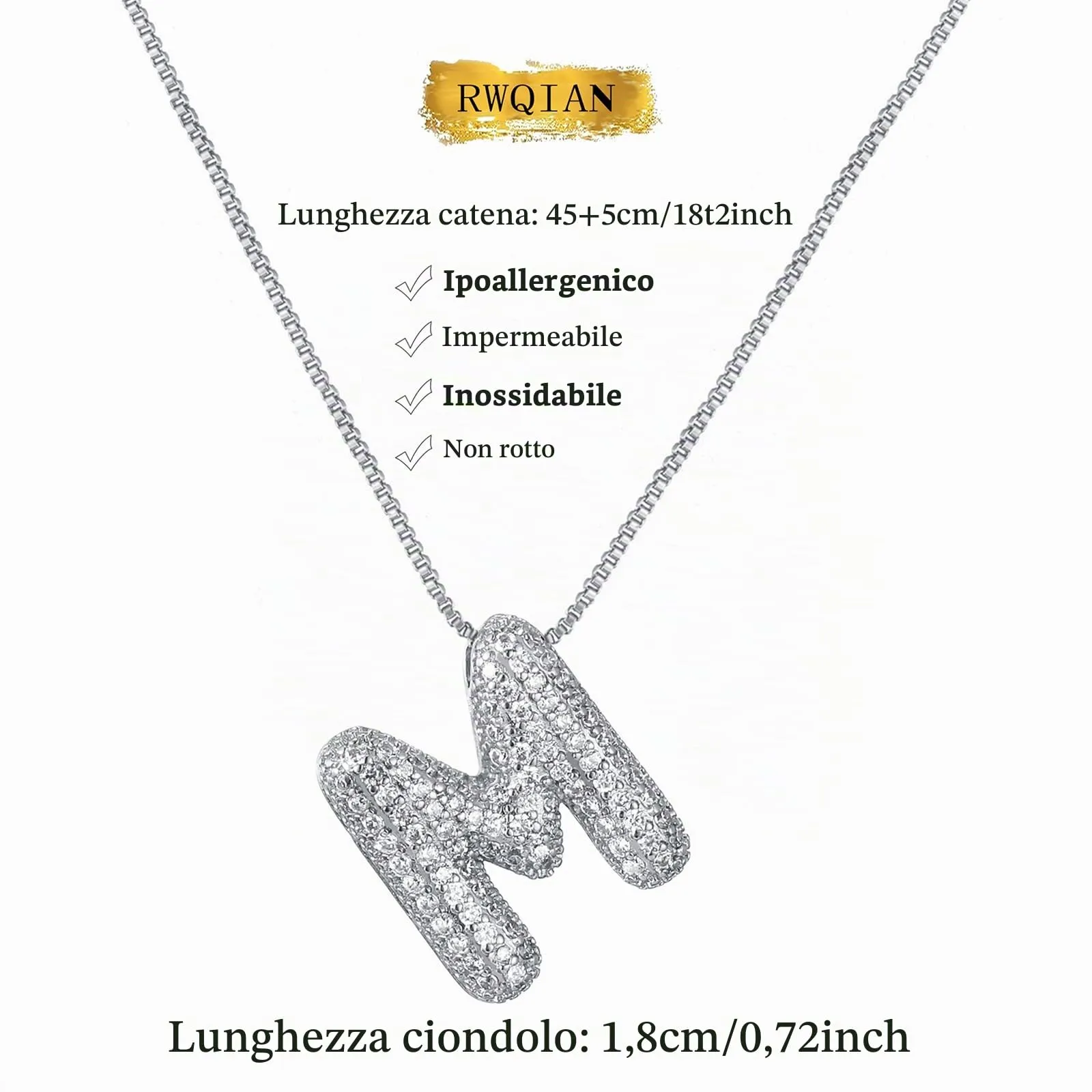 RWQIAN Bubble Initial Letter Chain Argento Delle Donne Balloon Sparkling Zirconia Lettera Pendente Collana Alfabeto M Gioielli Regali delle Donne - immagine 2