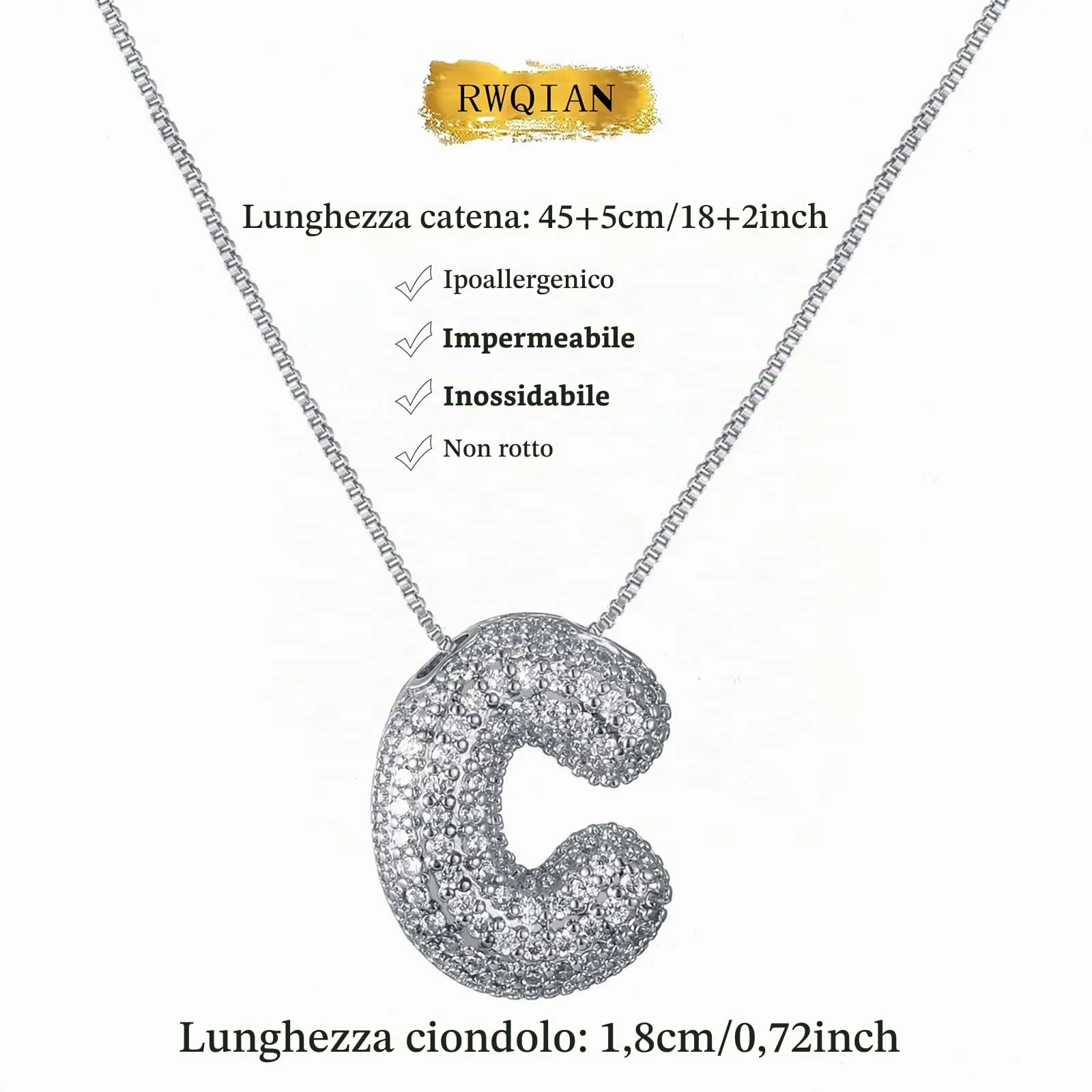 RWQIAN Bubble Initial Letter Chain Argento Delle Donne Balloon Sparkling Zirconia Lettera Pendente Collana Alfabeto C Gioielli Regali delle Donne - immagine 2