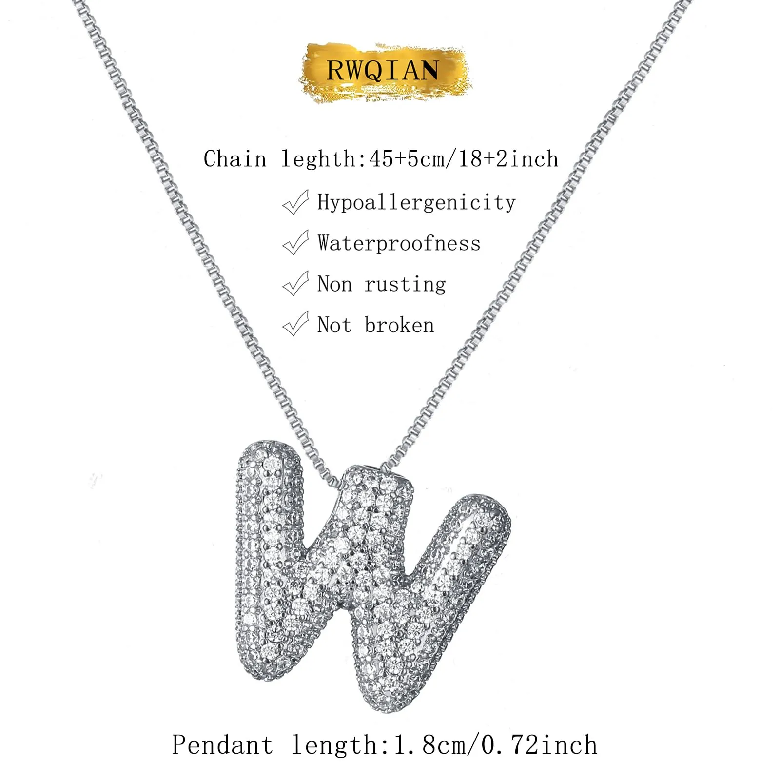RWQIAN Bubble Initial Letter Chain Argento Delle Donne Balloon Sparkling Zirconia Lettera Pendente Collana Alfabeto W Gioielli Regali delle Donne - immagine 2