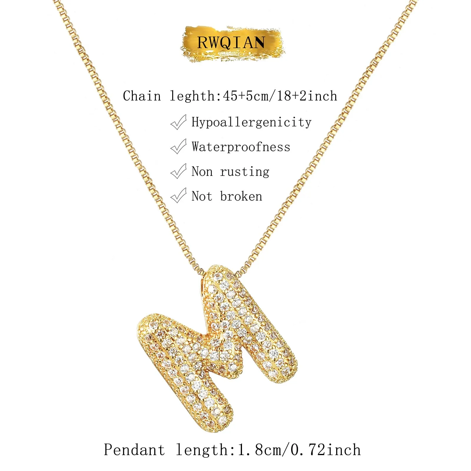 RWQIAN Bubble Initial Letter Chain Oro Delle Donne Balloon Sparkling Zirconia Lettera Pendente Collana Alfabeto M Gioielli Regali delle Donne - immagine 2