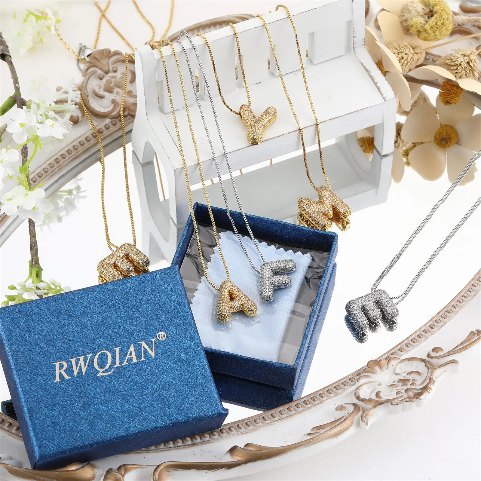 RWQIAN Bubble Initial Letter Chain Argento Delle Donne Balloon Sparkling Zirconia Lettera Pendente Collana Alfabeto D Gioielli Regali delle Donne - immagine 7