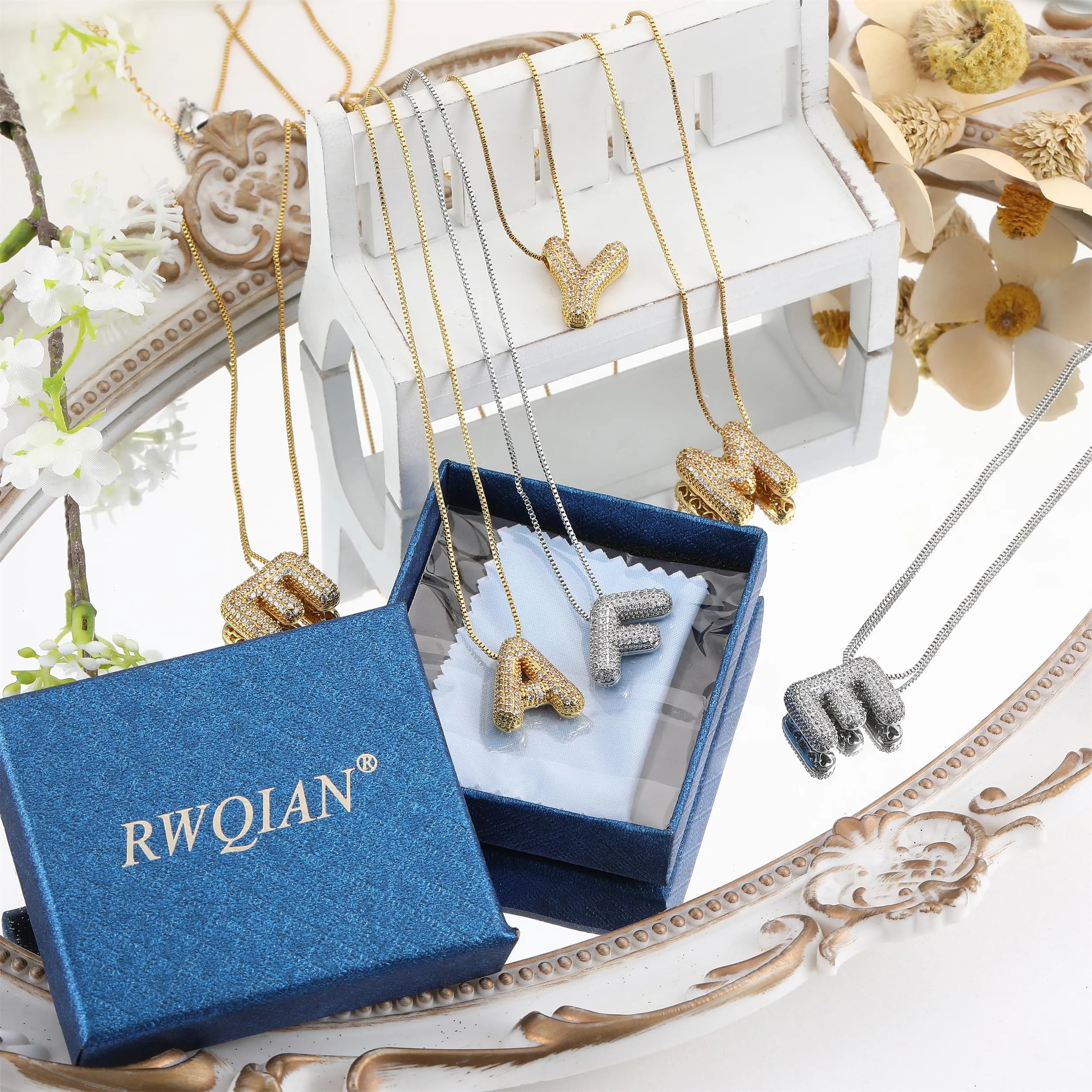 RWQIAN Bubble Initial Letter Chain Oro Delle Donne Balloon Sparkling Zirconia Lettera Pendente Collana Alfabeto A Gioielli Regali delle Donne - immagine 7