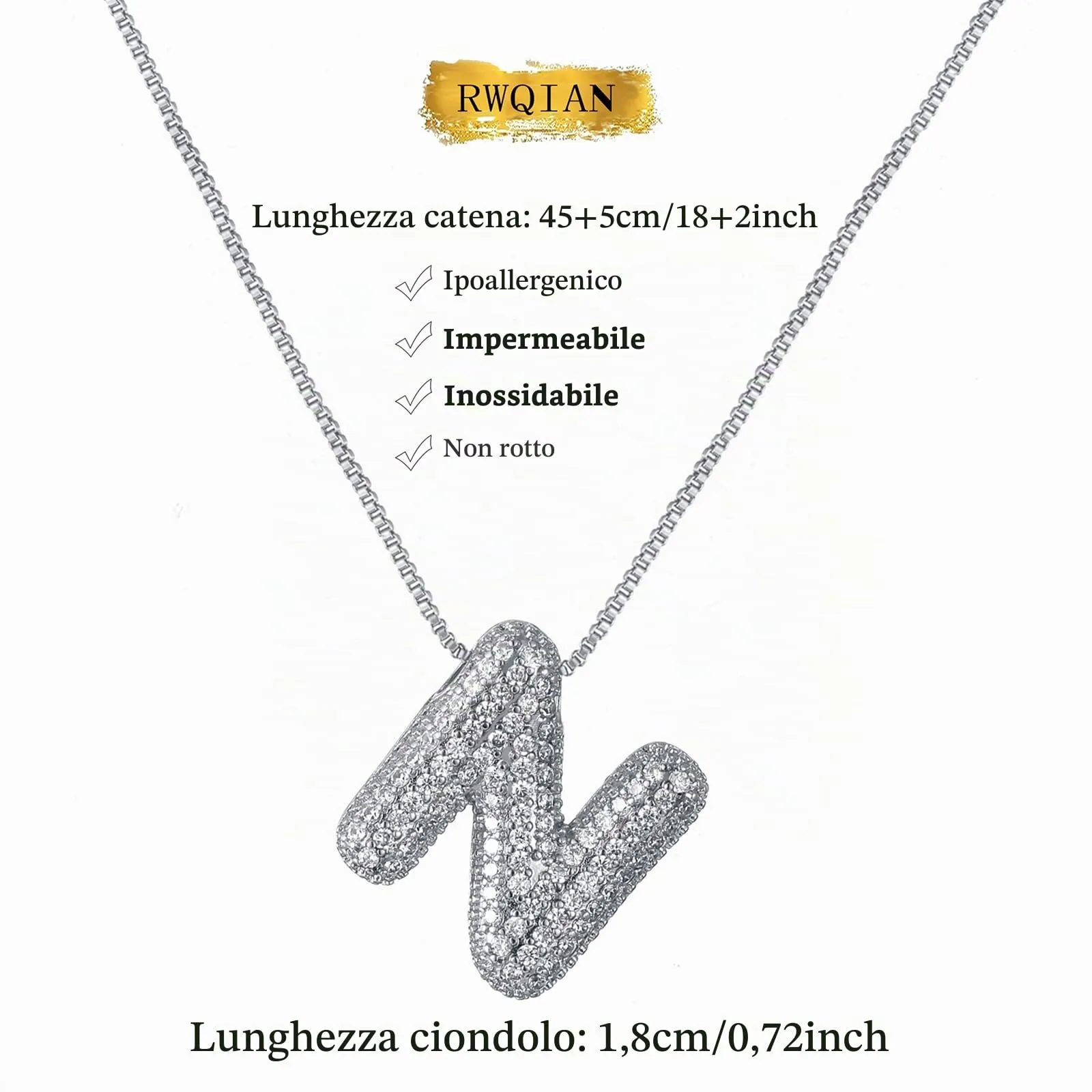RWQIAN Bubble Initial Letter Chain Argento Delle Donne Balloon Sparkling Zirconia Lettera Pendente Collana Alfabeto N Gioielli Regali delle Donne - immagine 2
